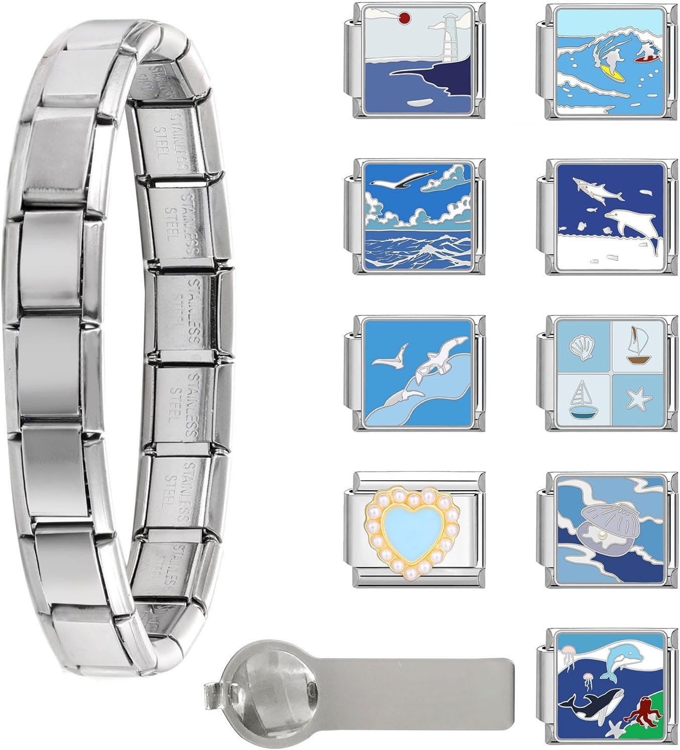 Italian Charms Bracelet Sets with Starter Brascelet, Assorted Charms and Opening Tools,9mm Modular Charm Bracelet Link Handmade DIY Jewelry Gifts