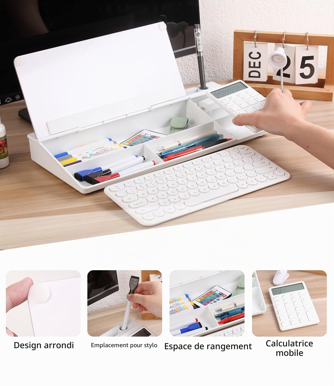 DEWUR Tableau Blanc en Verre pour Bureau - Support pour Téléphone Portable, Tablette et Clavier - Organiseur de Bureau avec Accessoires pour la Maison