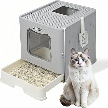AiQinu XLarge 80L Foldable Cat Litter Box with Lid, Top Exit & Front Entry Kitty Litter Box, Includes Litter Mat & Scoop, Odor Control Anti-Leakage, Easy Clean Large Cat Toilet Gray
