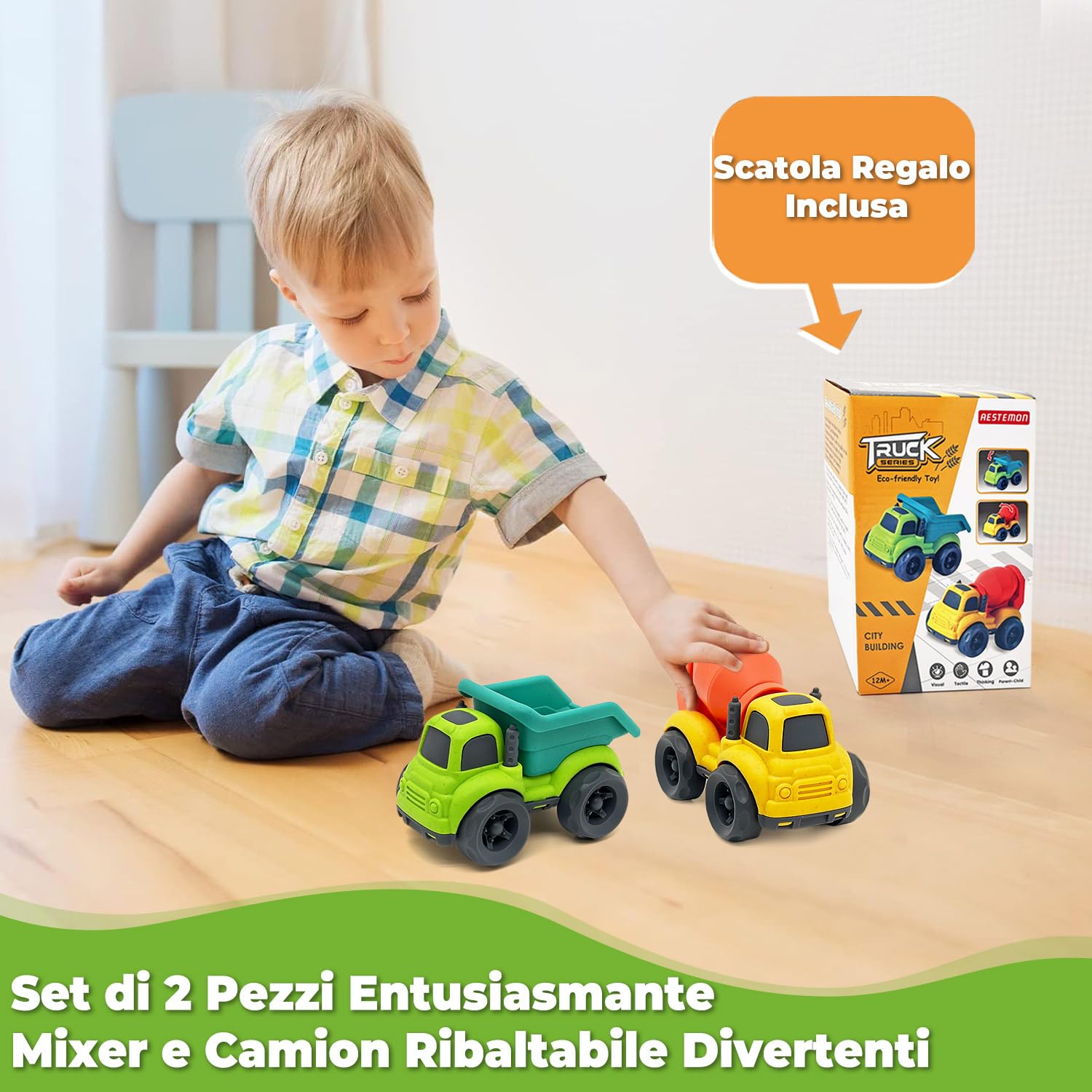 Camion e Macchinine 2-Pacco per Bambini 1-3 Anni, Mezzi da Cantiere Giocattoli e Giochi da Spiaggia - Regalo Maschio