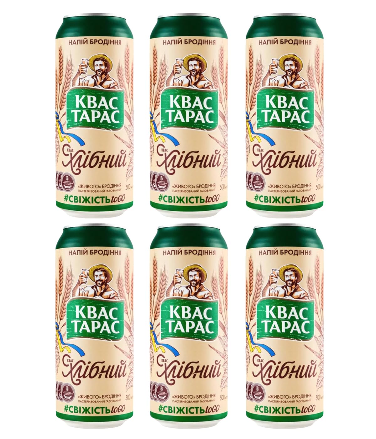 Kvas Taras Traditional Kvass Fermented Rye Bread Beverage 500ml/ 16.91 fl oz Pack of 6 Cans