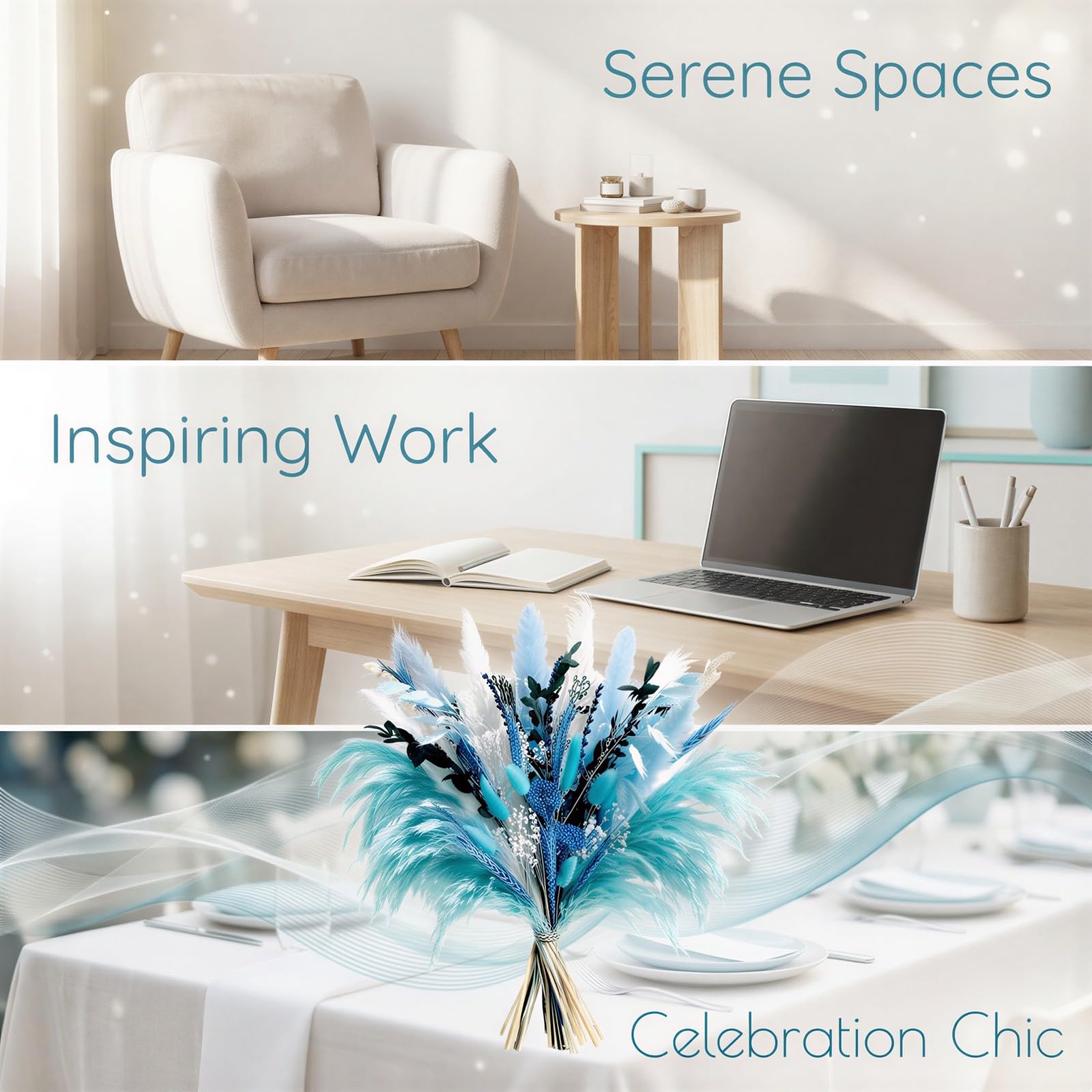 Blue Pampasgras Deko, 45 cm Trockenblumenstrauß aus Pampasgras mit gemischten weißen Blüten, Boho-Stil, natürliches Trockenblumen-Arrangement für Zuhause, Büro, Hochzeit und Landhaus-Tischdeko
