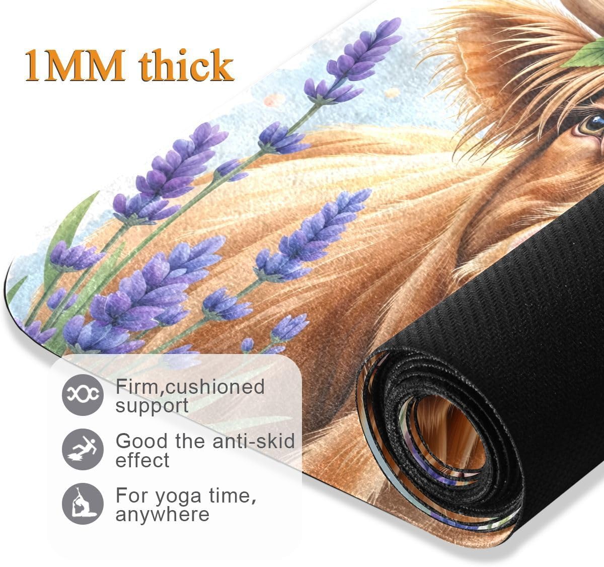 ALAZA Lavender Highland Cattle Yoga Mat Non Slip Fitness Exercise Mat, Workout Mat for Yoga, Pilates and Floor Exercises