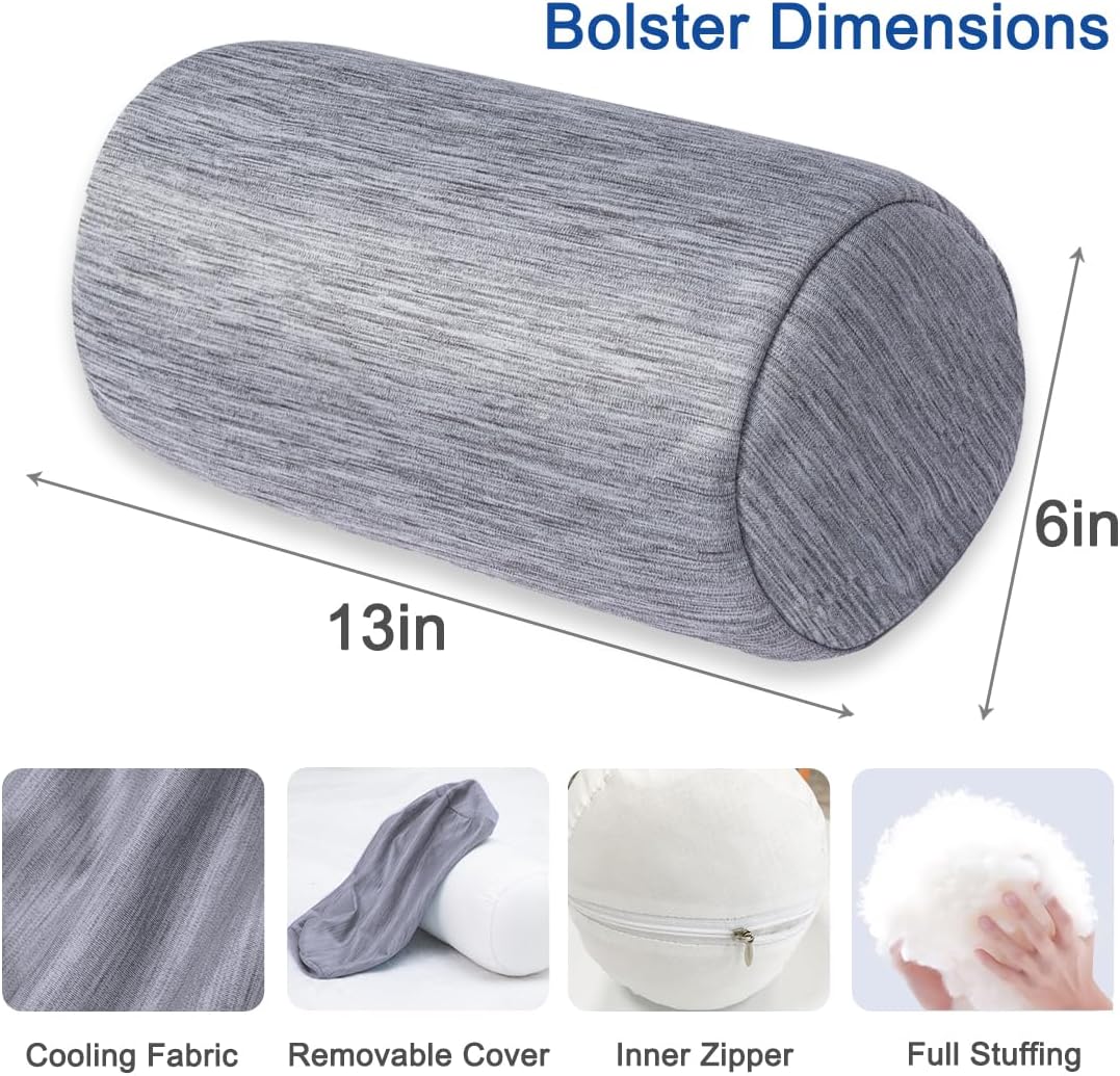 Round Cylinder Bolster Pillow with Removable Cooling Cover, Tube Roll Cervical Pillow for Head, Neck, Back and Legs Support, 13"x 6", Grey - Image 2