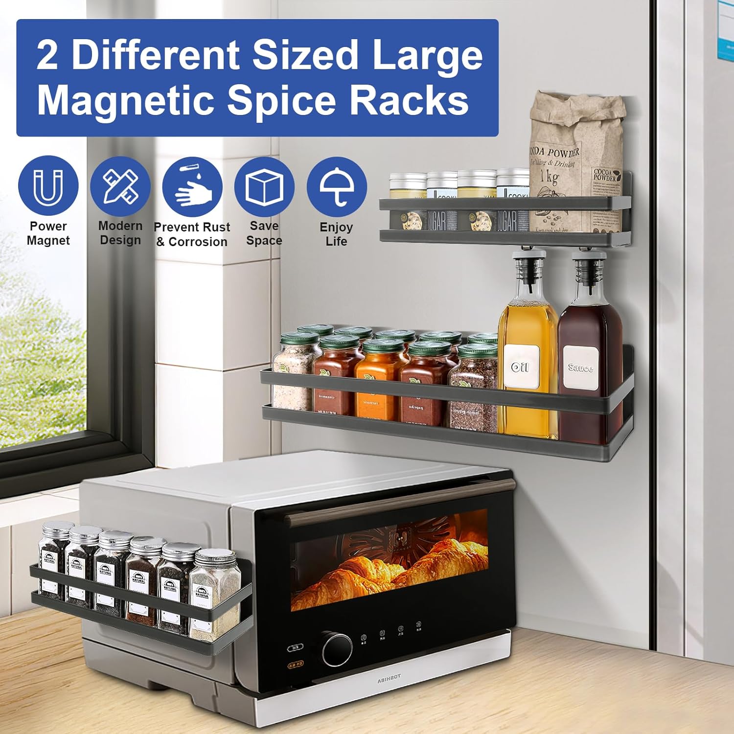 Uten Large Magnetic Spice Rack for Refrigerator, 2 Pack Enhanced Magnetic Shelves, Magnetic Shelf Moveable Fridge Organizer for Kitchen Holding Spices, Jars, Perfect Space Saver Storage Spice Rack - Image 2