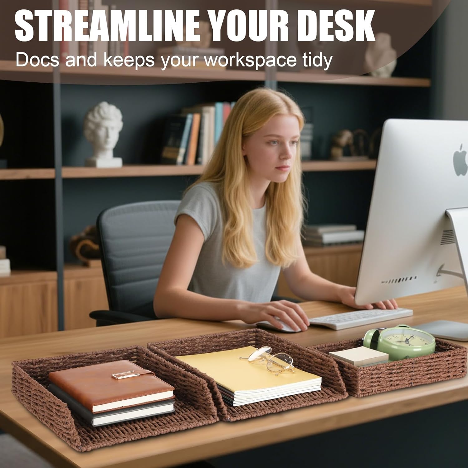 Geelin 3 Pack Paper Rope Woven Stackable Desk Organizer Letter Tray, Brown Tabletop Desk Basket for Storage Paper Letter Folders Notebooks Copy Print, Workspace Holder