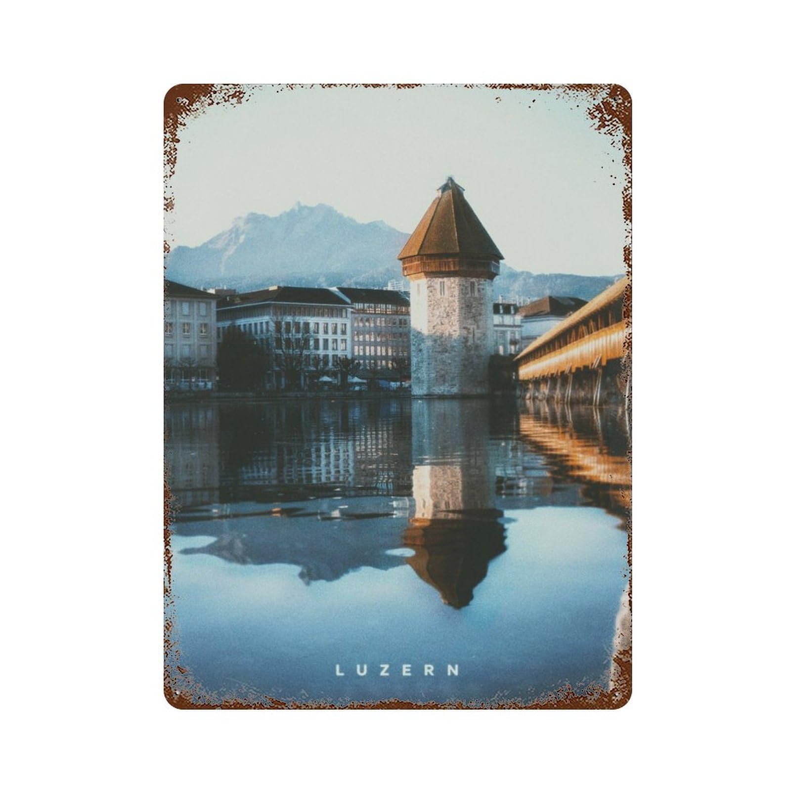 Rust Effect Luzern Aged Metal Wall Plaque 15.7"x11.8", Farmhouse Wall Decor for Office, Studio And Wall Decor