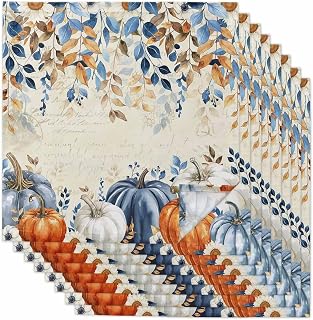 Fall Blue Pumpkins Cloth Napkins Set of 8 Reusable Dinner Napkins, Thanksgiving Cocktail Napkin, Orange Gray Botanical Rustic Washable Table Napkins for Wedding/Party/Baby Shower 20"x20"