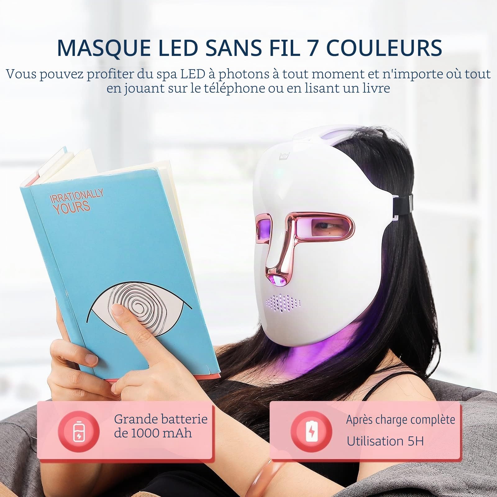 Masque de beauté LED sans fil, 7 couleurs avec 270 perles, masque lumineux LED rechargeable pour la beauté du visage, anti-anges, rajeunissement, raffermissant, rides lisses
