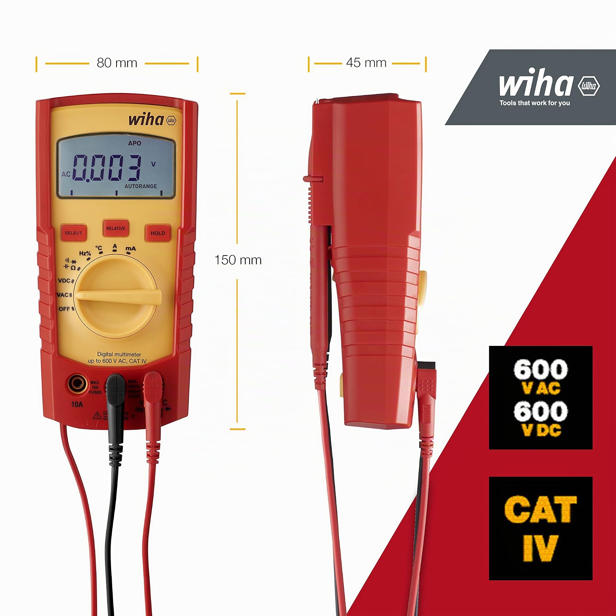 Wiha Digitales Multimeter bis 600 V AC, CAT IV inkl. 2x AAA-Batterien I mit LCD-Anzeige (45218)
