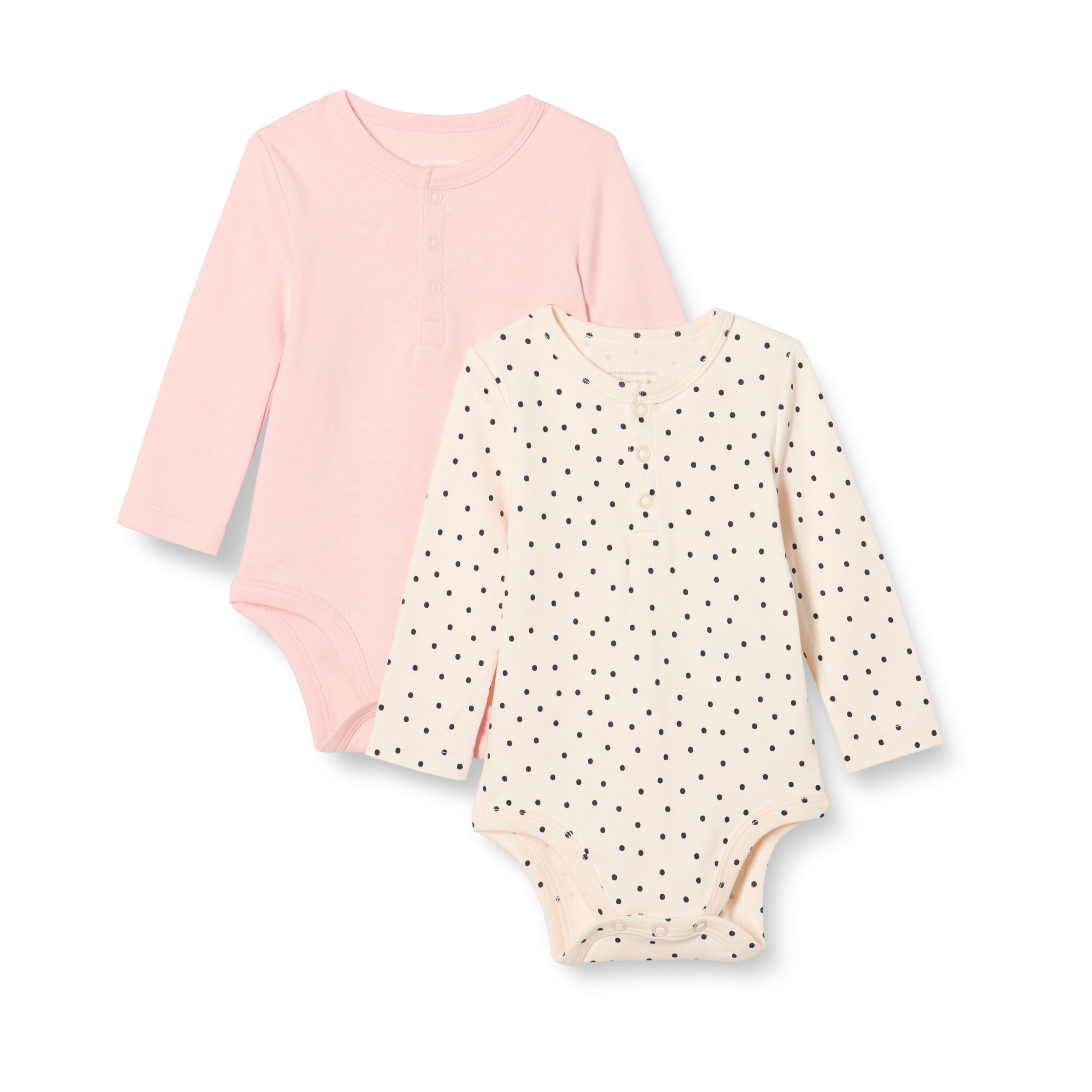 Amazon Essentials Unisex Babies' Long-Sleeved Henley Bodysuits, Pack of 2, Dots/Pale Pink, Premature