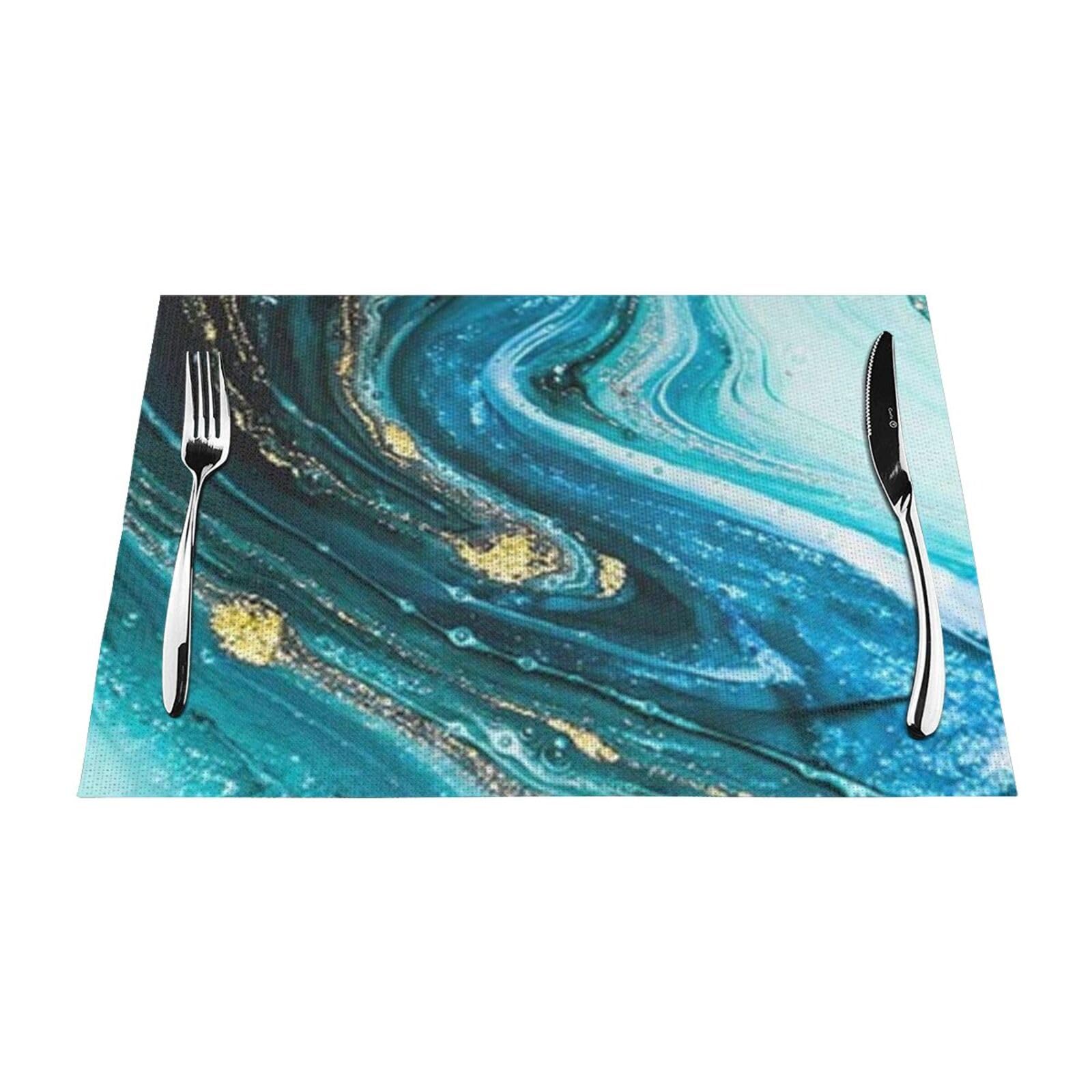 PVC Placemat Set of 1 PCS, 45x30 CM, Turquoise Blue Gold Marble Printed Non-Slip Heat Resistant Place Mats for Kitchen Dining Table Indoor Outdoor