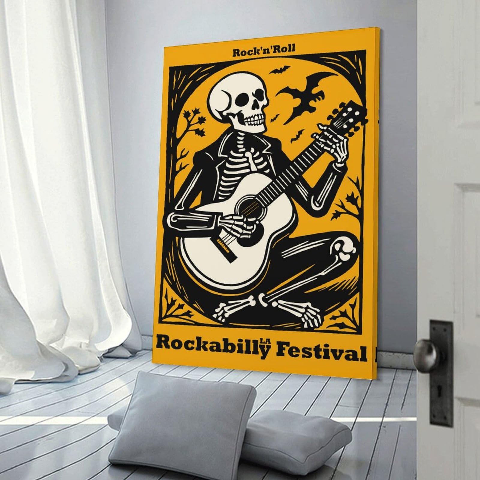 Junmoney Canvas Wall Decor Rockabilly Festival Skeleton Guitarist, 08x12inch(20x30cm), for Flats, Guest Rooms Or Compact Rooms, A Simple Refresh for Blank Walls