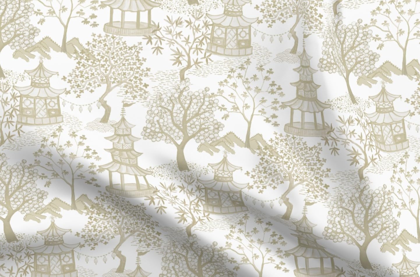 Spoonflower Fabric - Chinoiserie Toile Pagoda Landscape Asian Art Tan Beige Cream Putty Printed on Petal Cotton Fabric Fat Quarter - Sewing Quilting Apparel Crafts Decor
