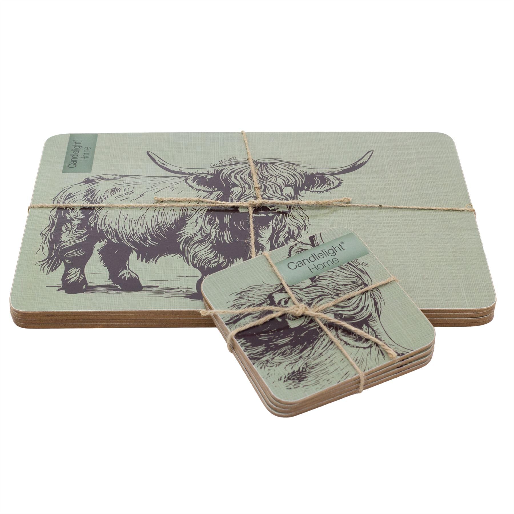 Carousel Home Green Highland Cow Placemats And Coasters Set, 8-Piece Sage Cork Backed Table Mats And Coasters With Animal Design