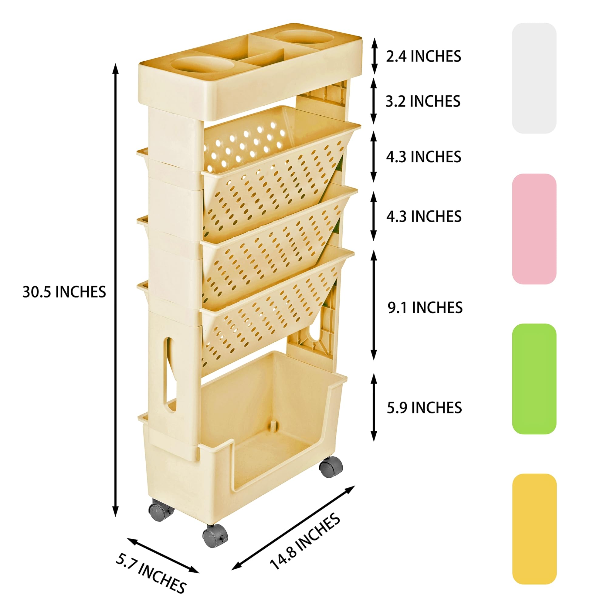 YEMUNY 5 Tier Rolling Book Cart, Movable Storage Bookshelf Bookcase with Wheels, File Folder Utility Organizer for Study Office Living Room Classroom School, Yellow