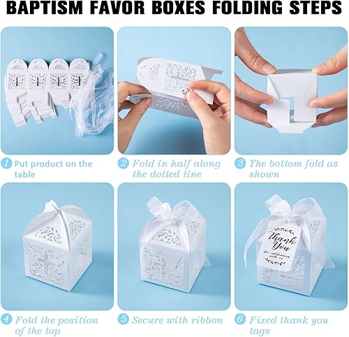 Miniatura 10 de El juego de 100 recuerdos de bautismo incluye 25 piezas de mini rosario, cajas de regalo de bautismo cortadas con láser, bolsas de organza blanca