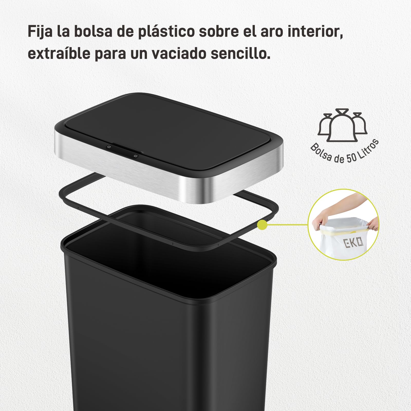 EKO | Cubo de Basura Cocina 50L con Sensor Automático y Cierre Suave | Papelera Negra a Pilas | Acabado Antihuella, Base Antideslizante y Soporte para Bolsa | Diseño Moderno y Silencioso