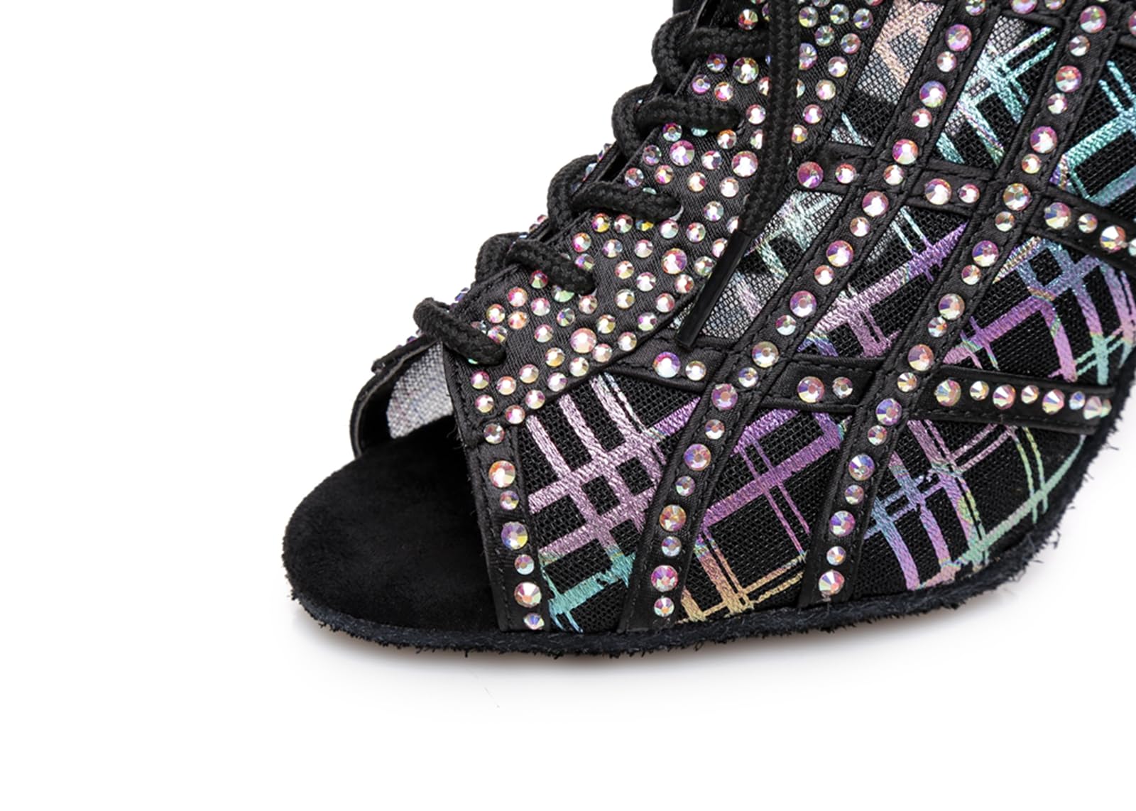 ZHCRCfirm Women's Rhinestones Breathable Mesh Open Toe Satin Ballroom Rumba Party Wedding Practice Performence Dance Shoes Boots YCL434 Black US 10.5