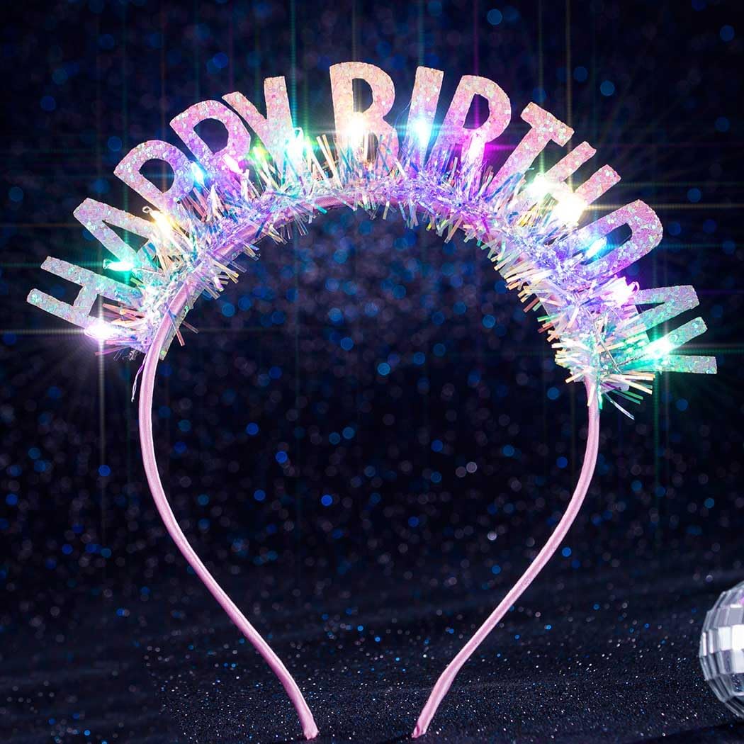 Light Up Happy Birthday Headband LED Tinsel Crown Glitter Birthday Hair Accessories for Women image 2