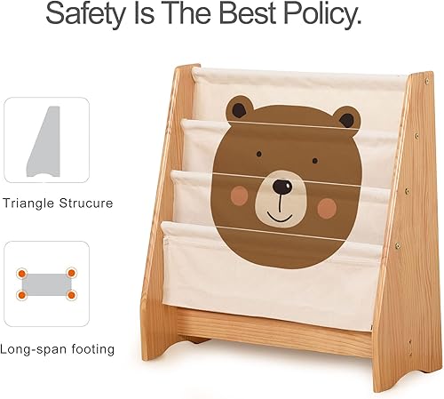 Miniatura 9 de KRAND Estantería para niños pequeños y niñas, organizador de libros, con mangas de lona impresas con animales y estructura de madera maciza