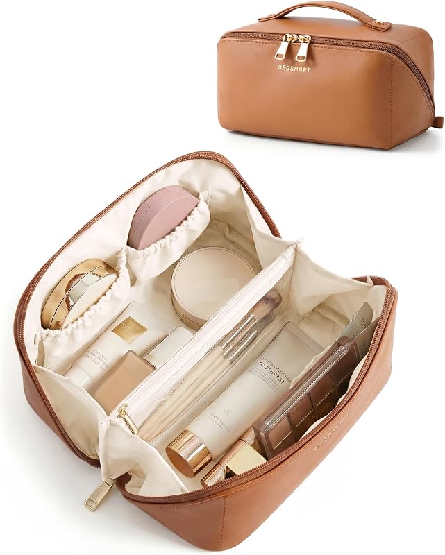 Necessaire de maquiagem BAGSMART com abertura plana, couro sintético, marrom clássico