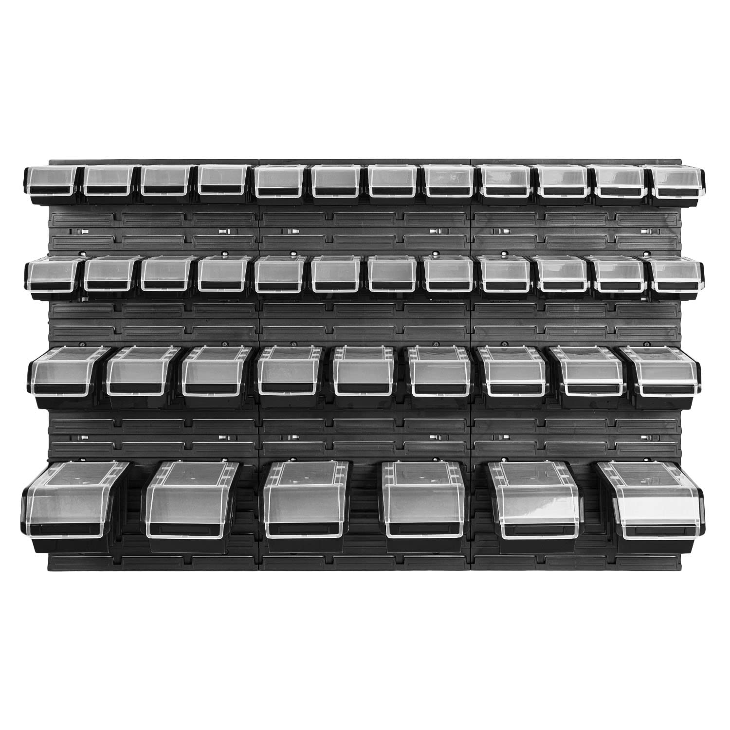 PAFEN Regał ścienny z pojemnikami magazynowymi - 1158 x 780 mm - system przechowywania 39 pojemników z pokrywkami - regał magazynowy, pudełka do układania w stos, regał do warsztatu, czarny