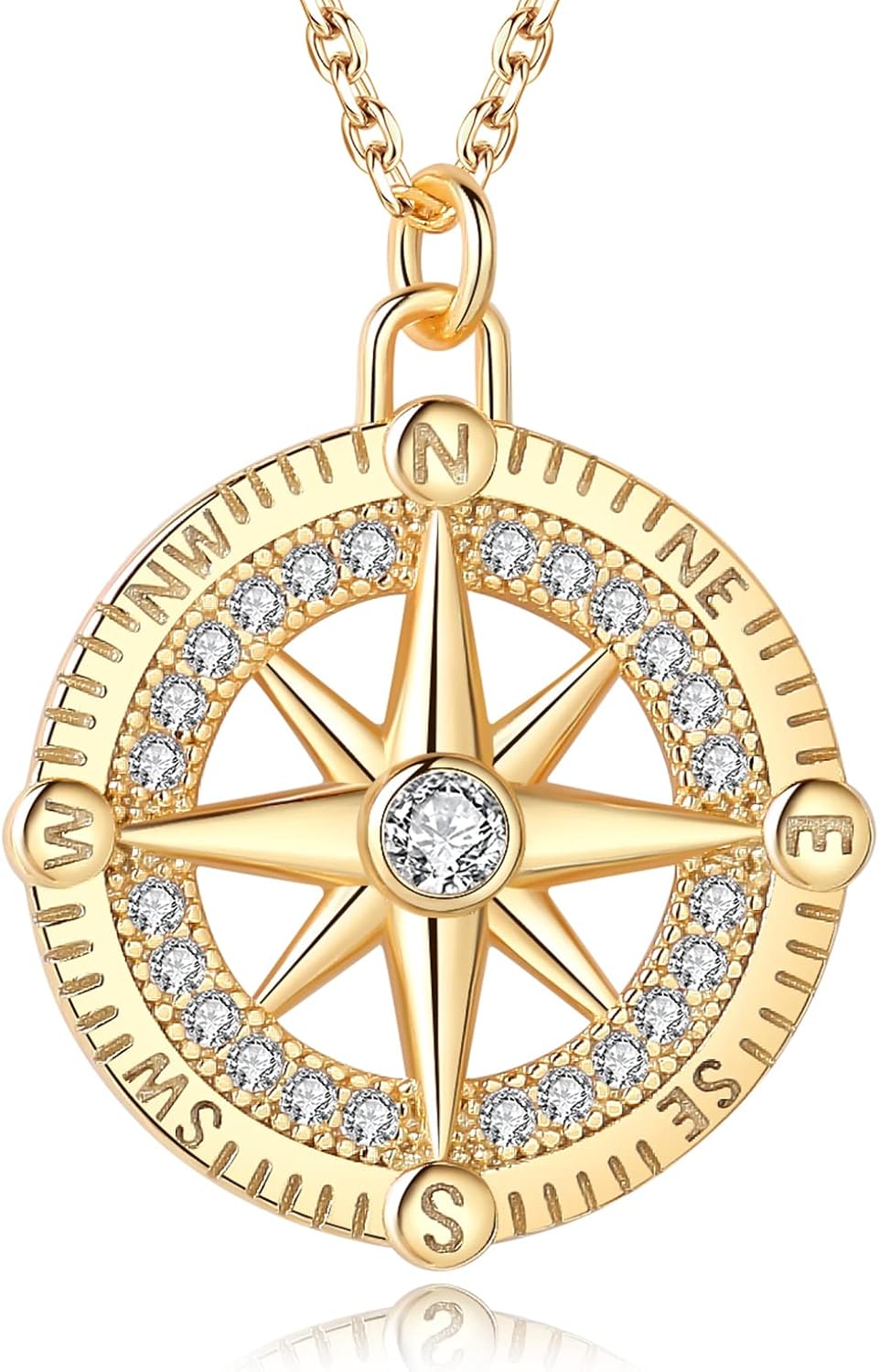 Compass Pendant Necklace for Women - 925 Sterling Silver Necklace with Cubic Zircon, Gold and White Gold Plated Compass Necklace, Inspirational and Graduation Gifts for Her