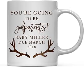 Andaz Press Personalized Pregnancy Announcement 11oz. Coffee Mug Christmas Gift, You're Going to be Godparents! Baby Miller Due March 2025, Rustic Wood Deer Antlers, 1-Pack