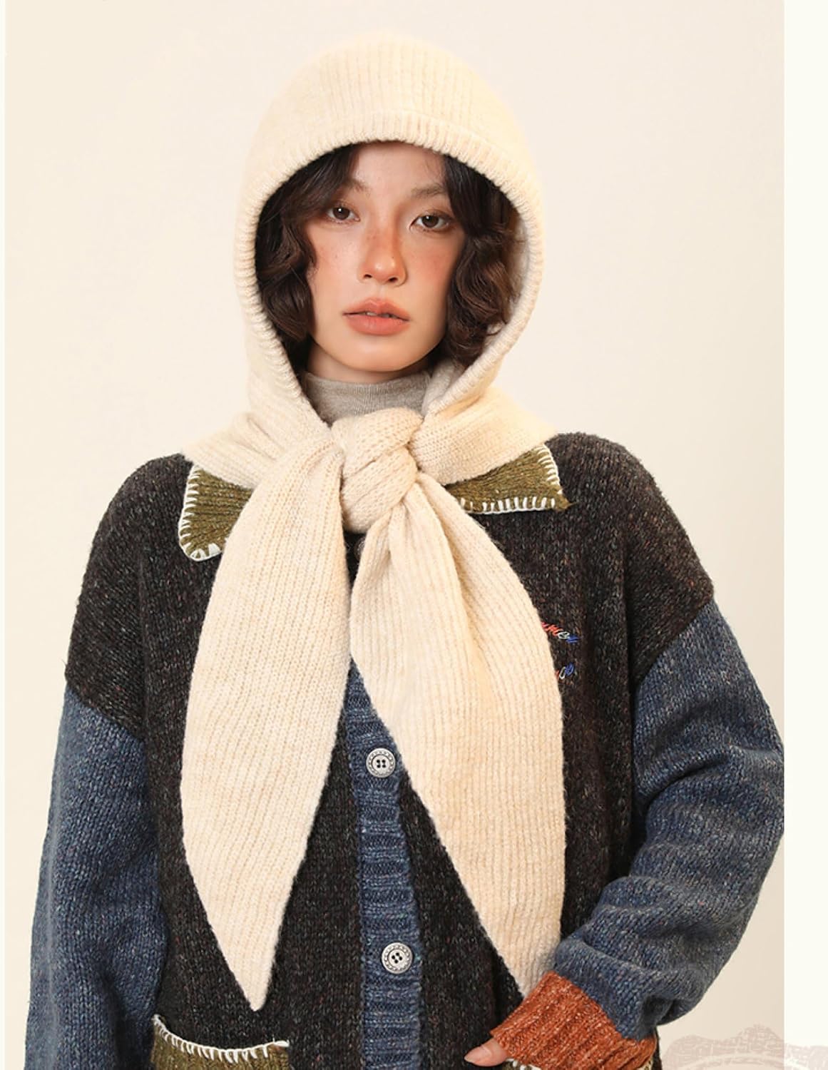 Women Knitted Hooded Shawl Hat Pure Color Winter Warm Long Scarf Cap Vintage Fashion Thick Outdoor Head Wrap