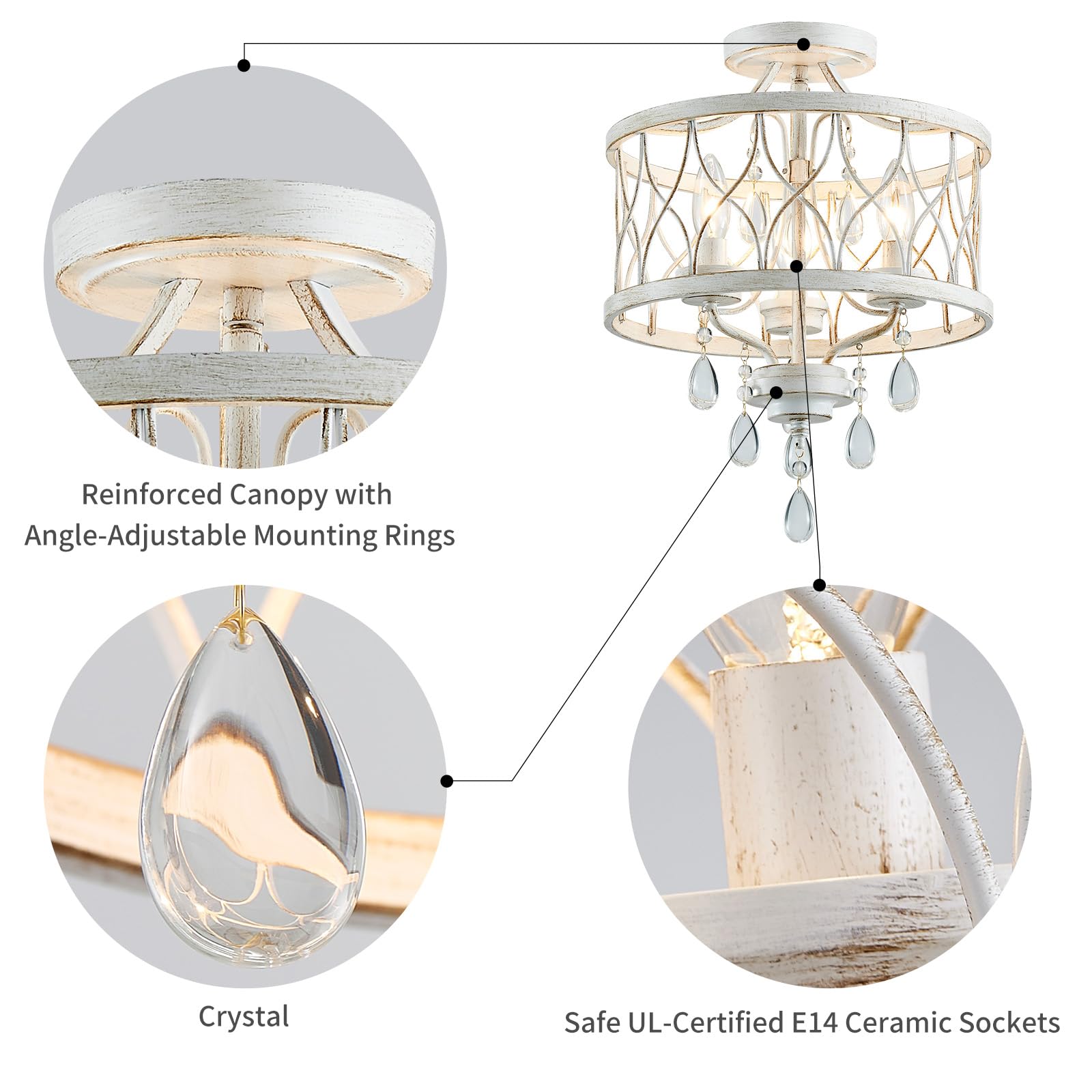 WUZUPS lámpara 3-luz vintage granja industrial Semi-Flush montaje lámpara de techo luminaria para vestíbulo dormitorio pasillo habitación de almacenamiento, H 40,6 x W 32,5, E14 Base, blanco antiguo