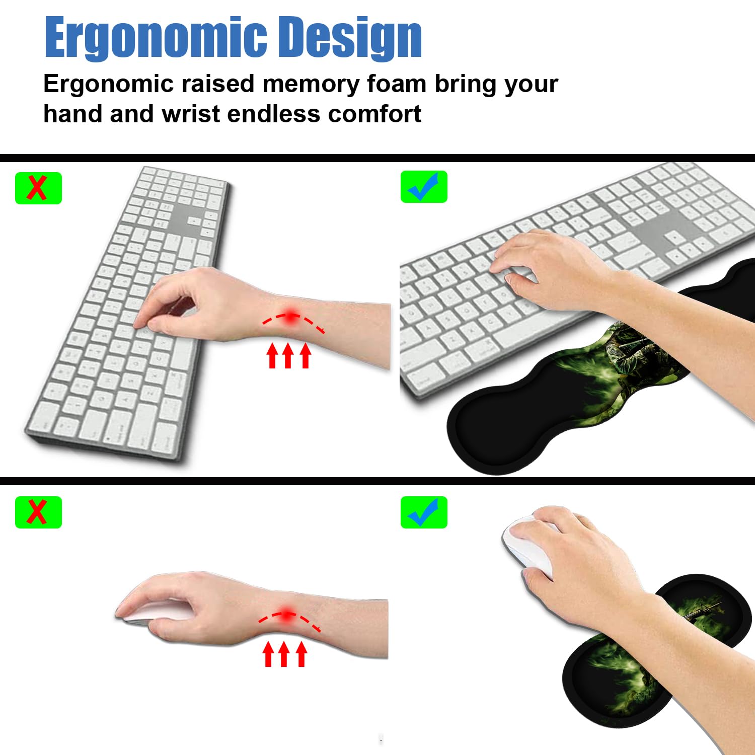 4-in-1 Ergonomisches Mauspad aus Memory-Schaum, Handgelenkauflage-Set, große XXL-Gaming-Schreibtischunterlage + Tastatur-Handgelenkauflage + Maus-Handgelenkkissen + Untersetzer für Zuhause, Büro,