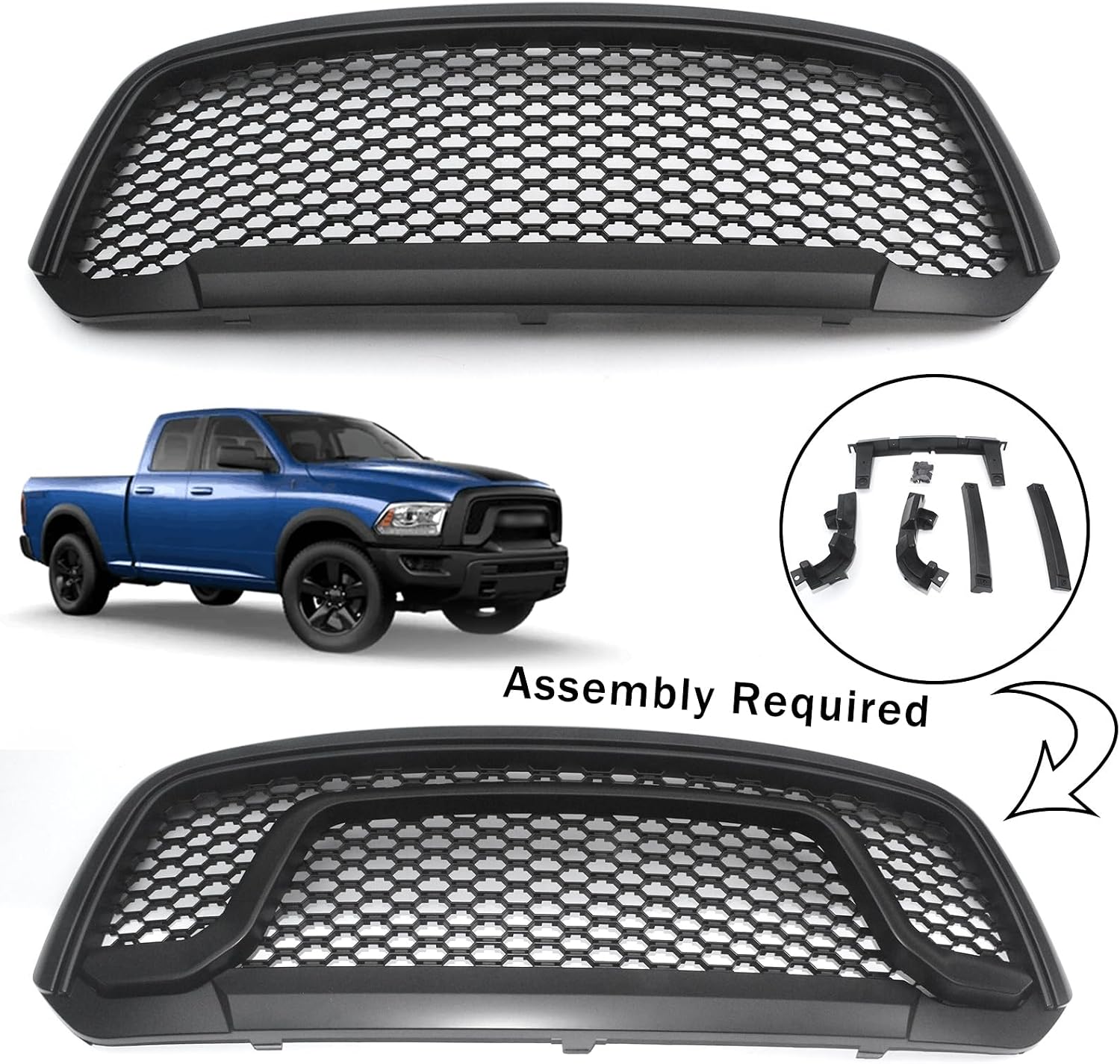 Front Bumper Upper Grille Fit For 2013-2018 Dodge Ram 1500 Pickup Matte Black Rebel Style Honeycomb Mesh Grill