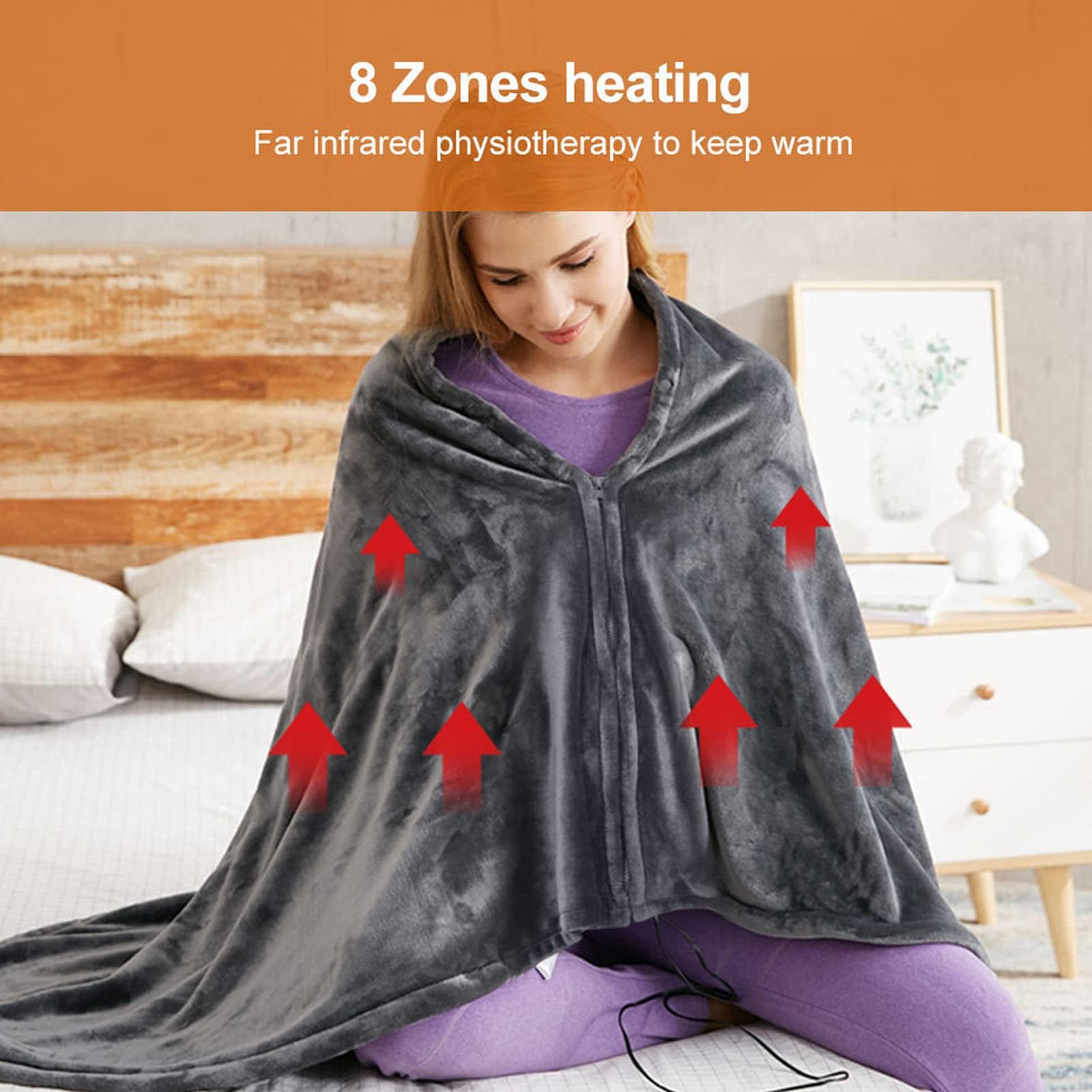 Couverture Chauffante Sherpa, Poncho Chauffant Portable en Peluche avec 3 Réglages de Chaleur pour Voiture Bureau Voyage Domicile Gris