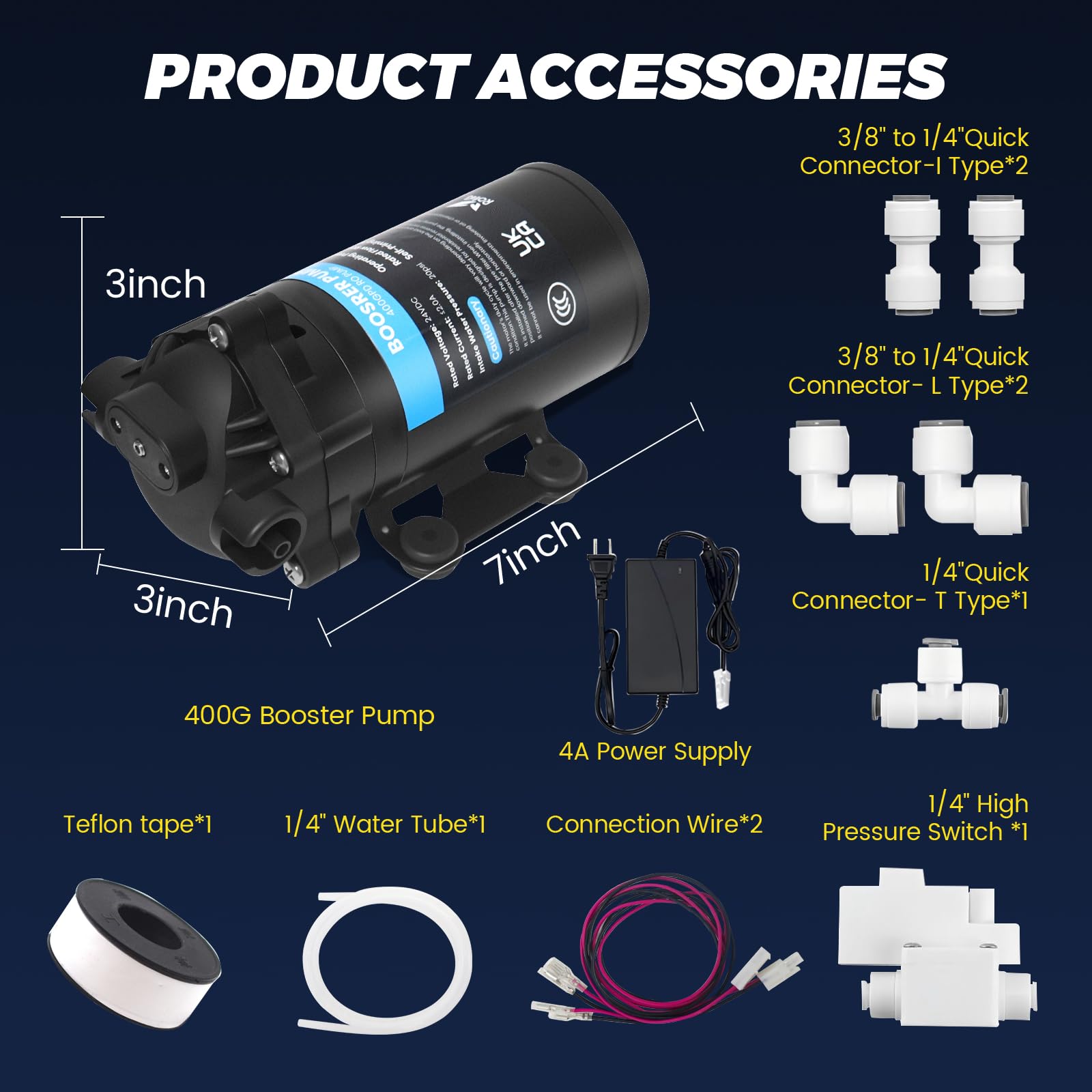 Kit de bomba de refuerzo para filtro de agua de 400 GPD, adecuado para sistema de filtro de agua de ósmosis inversa RO en el hogar, incluye bomba, interruptor de presión, transformación, conexión