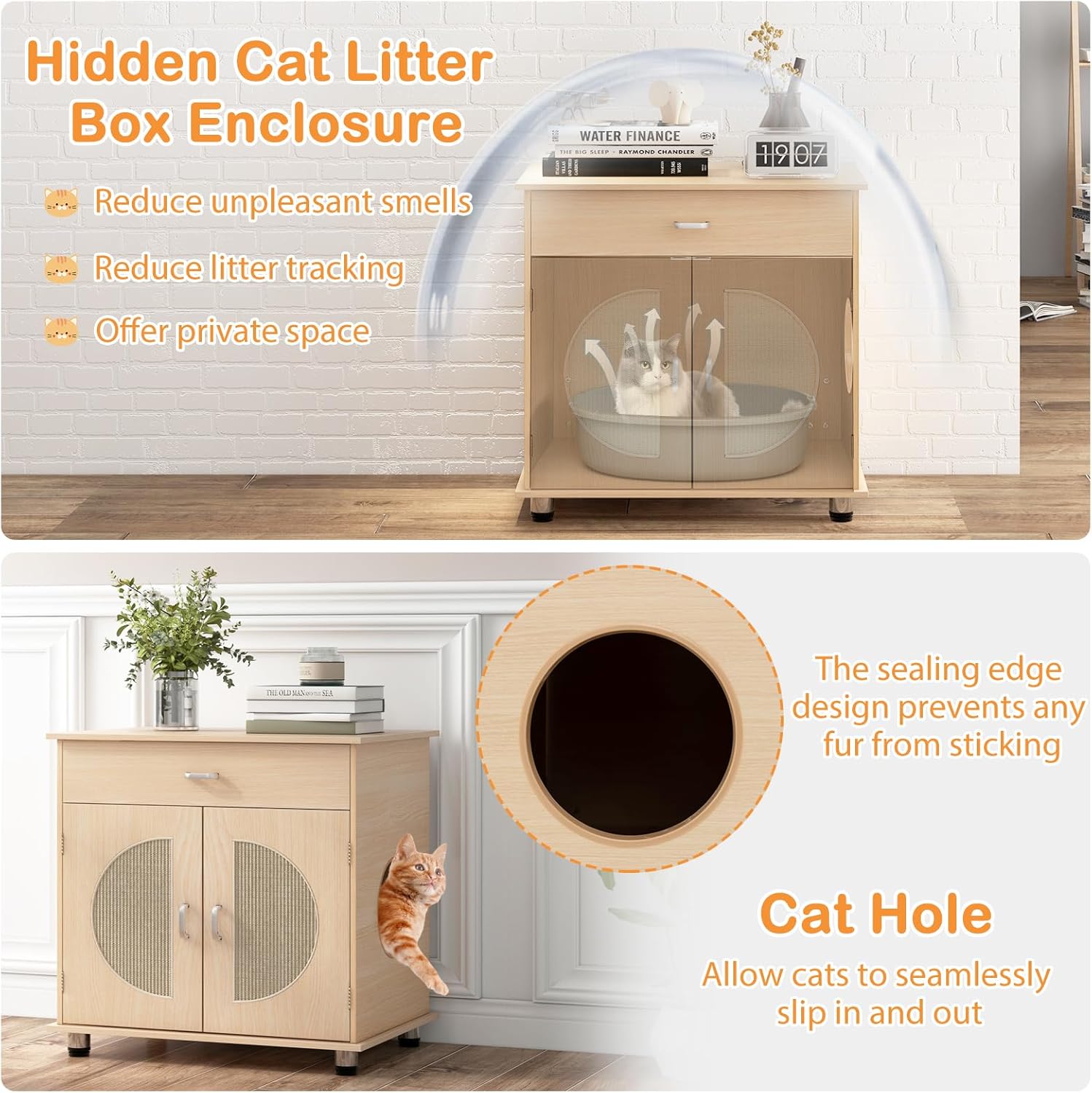 PETSITE Cat Litter Box Enclosure, Hidden Litter Box Furniture with Drawer and Adjustable Metal Feet, Wooden Pet House Side End Table, Indoor Litter Box Cabinet with Sisal Scratching Board Doors
