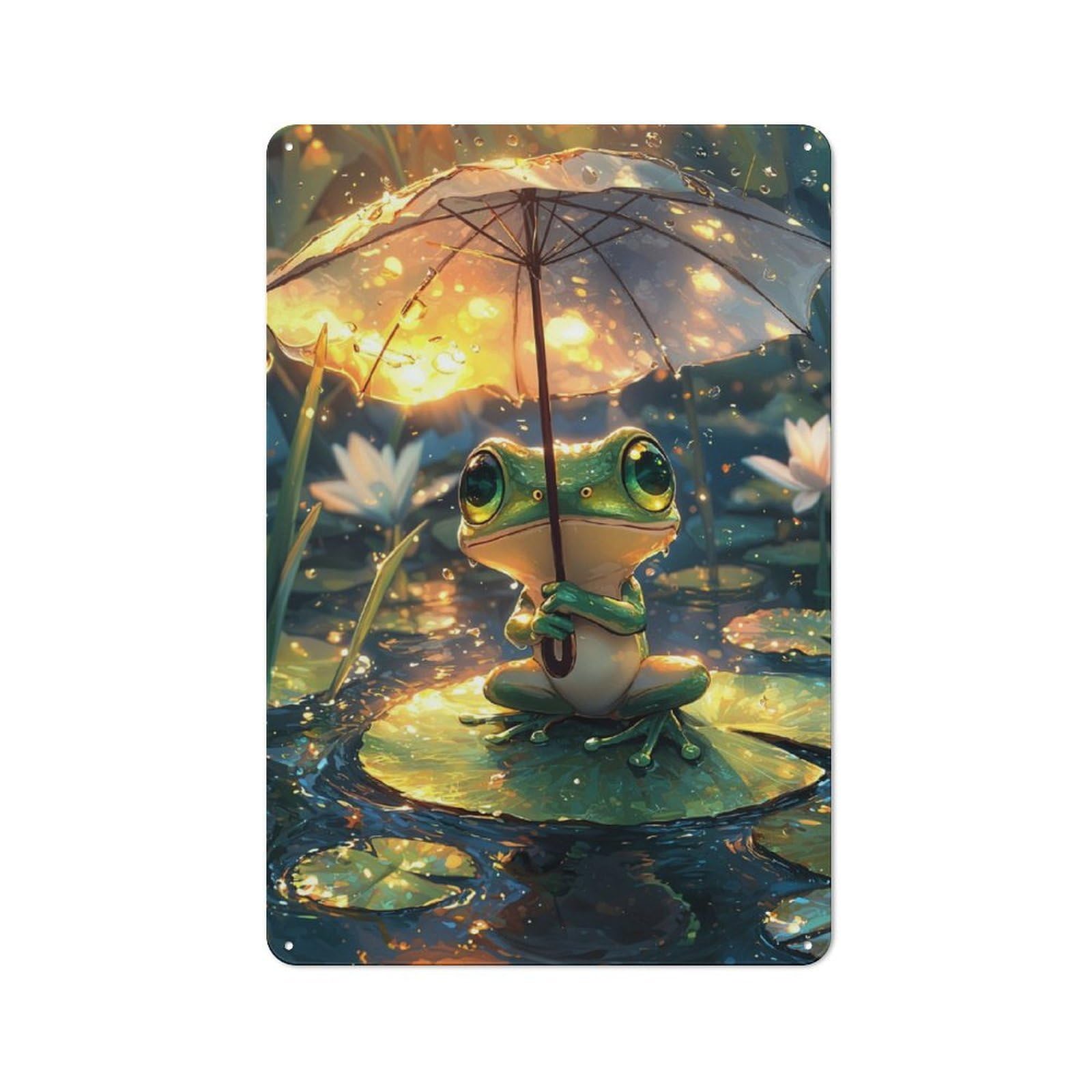 Junmoney Frog With Umbrella In Rain Metal Plaque 30X20cm With For Hallway Wall, Retro Decor, For Themed Interiors In Hallways And Entrance Areas