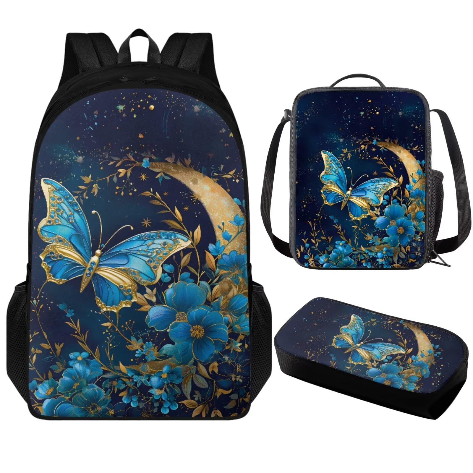 Vanideaoty Butterfly Backpack for School Girls 7th Grade School Bags for Teens with Adjustable Shoulder Strap Trendy Kids Bookbag Set with Lunch Box