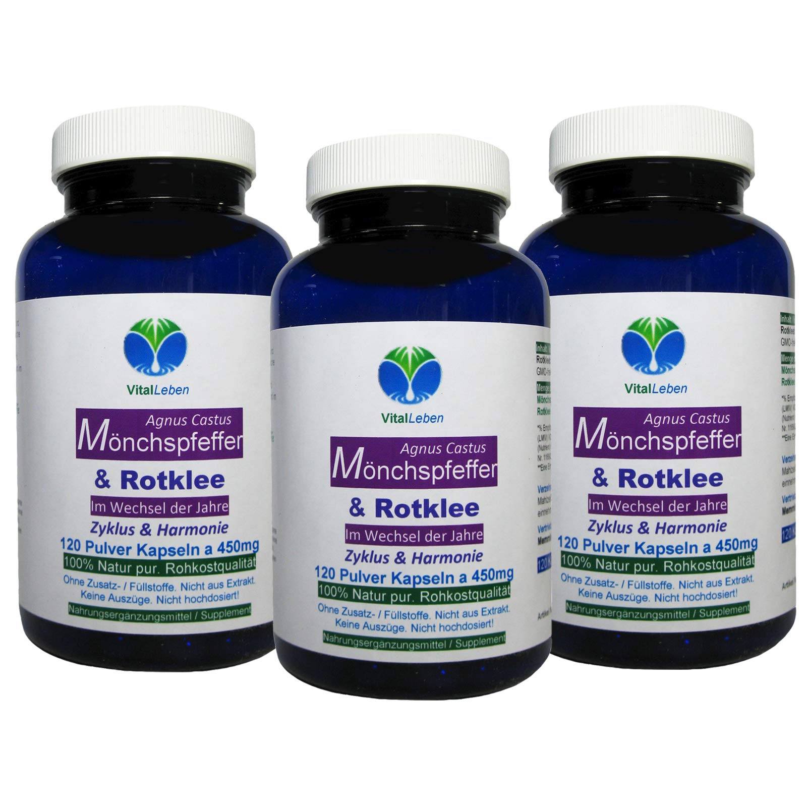 Mönchspfeffer & Rotklee 360 (3x120) Kapseln - Meno Fit Hormon Balance Wechseljahre Menopause - ZYKLUS & HARMONIE - NATUR pur Isoflavone, Phytohormone. KEIN EXTRAKT - OHNE ZUSATZSTOFFE 26870-3