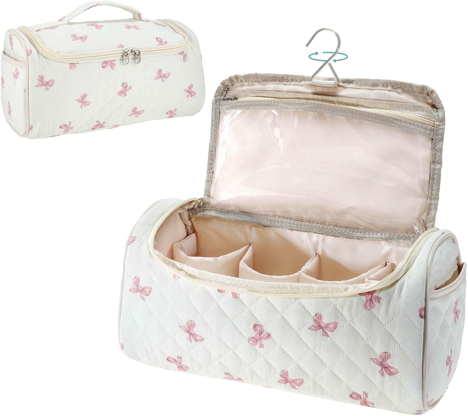 Quilted Travel Case Compatible, Toiletry Bag for Hair Curler Tools and Accessories, Hanging Case with Hook, White, Pink, 1 Pc