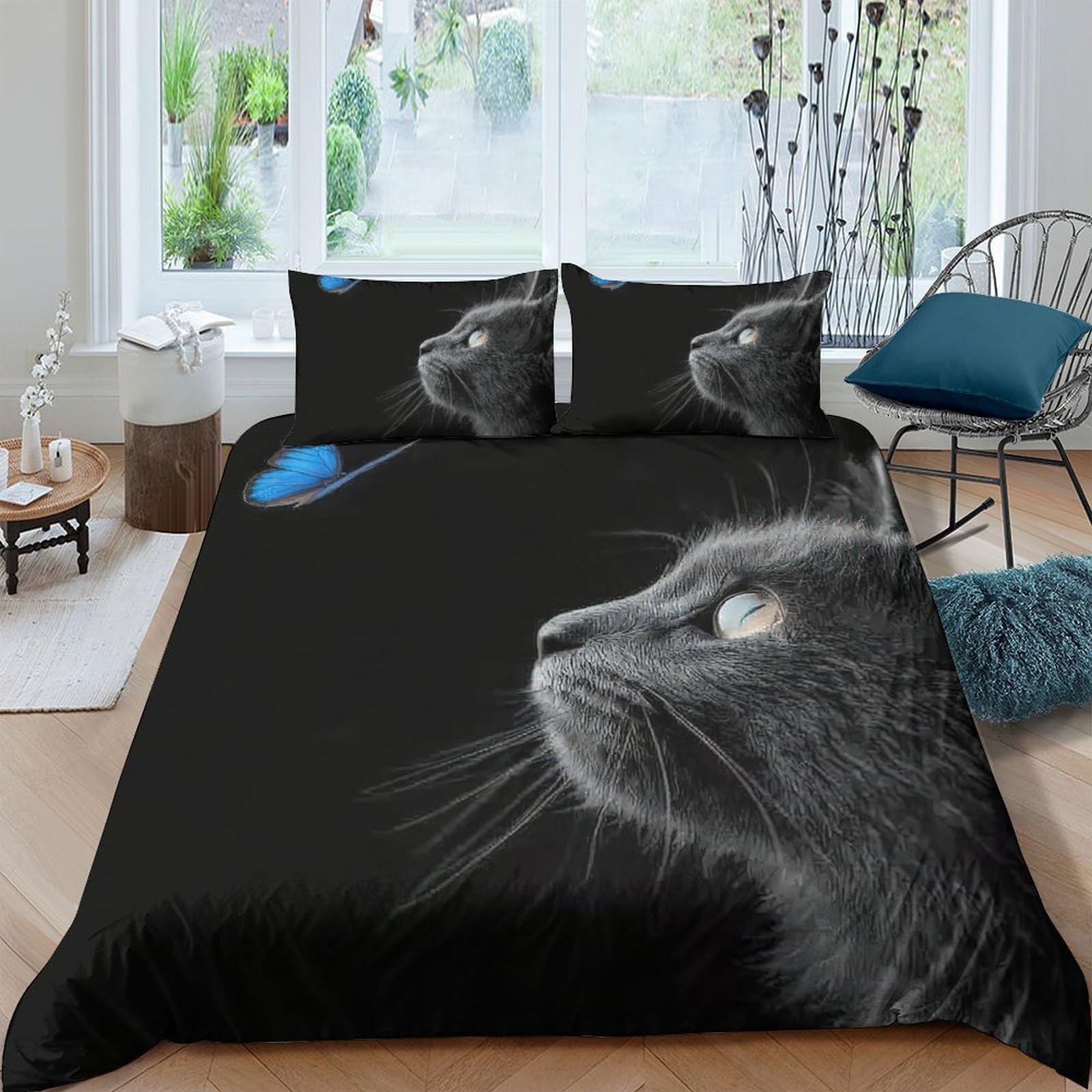 Ctjqhvkz Style-5 3D Printed Black Cat Fitted Sheet Microfiber Soft Artistic Blue Accent Mattress Cover For Bedroom Guest Room Decor Single（135X200cm）