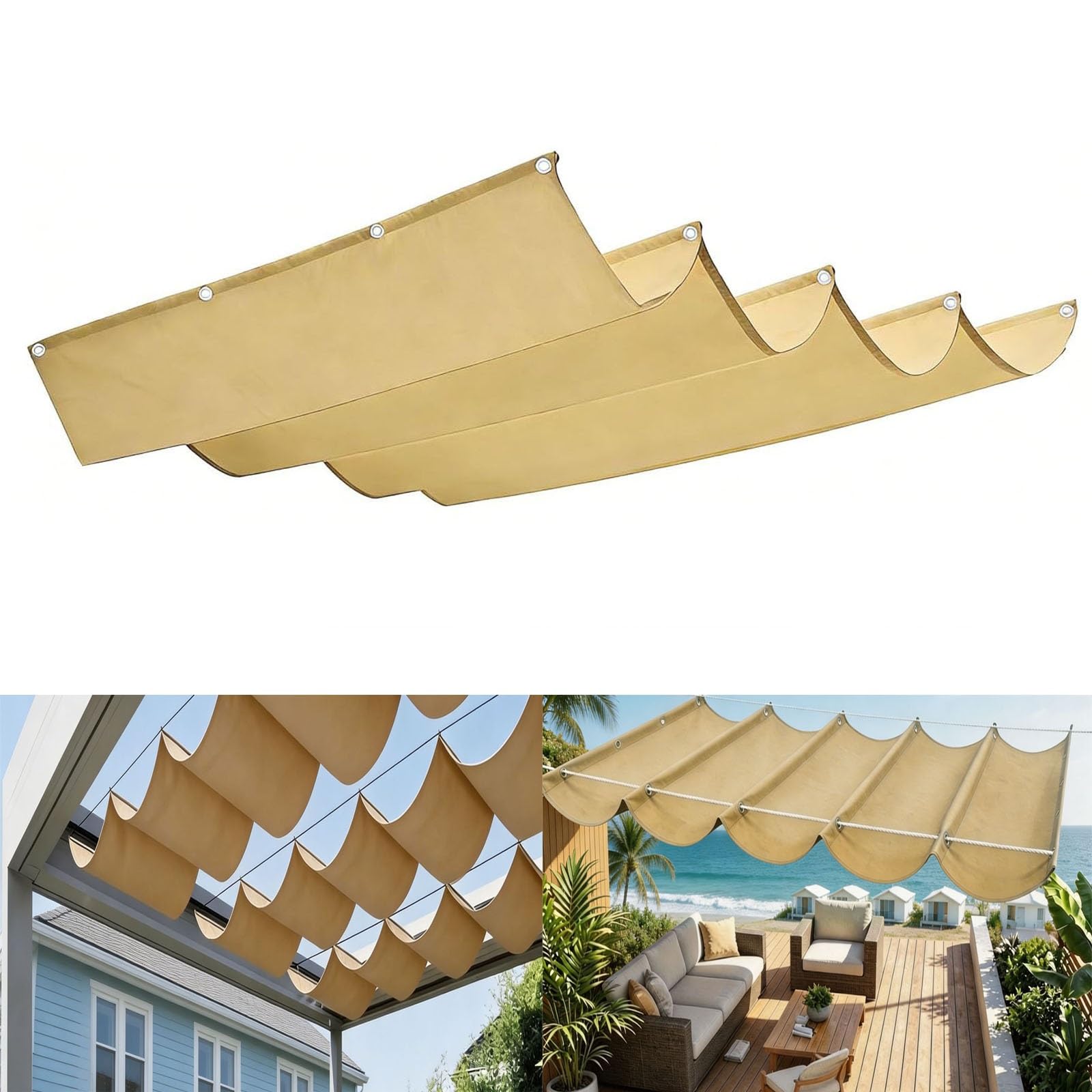 Voile ombrage rétractable vague 1.1x4.75m jaune sable en tissu PES résistant pour jardin