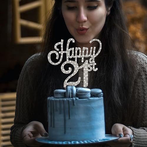 Miniatura 7 de Decoración para tarta de cumpleaños número 21, con diamantes de imitación plateados brillantes que saludan a 21, decoración de fiesta de cumpleaños