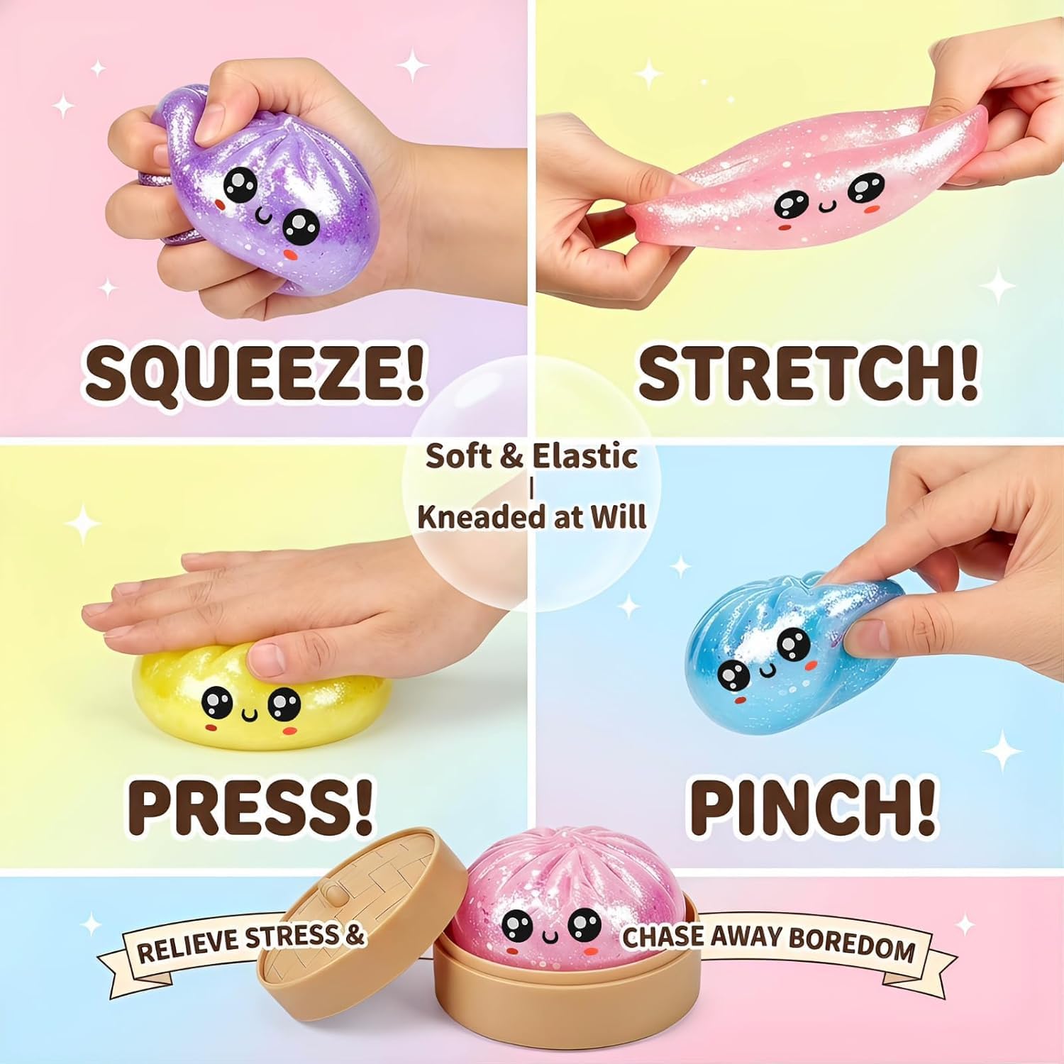 Mystery Squishy Dumplings 2 Pacchi Giganti con Glitter e Vaporiera – Giocattoli Sensoriali Soft Slow-Rise, Regalo Antistress, Idea Divertente per Bambini e Collezionisti, senza duplicati