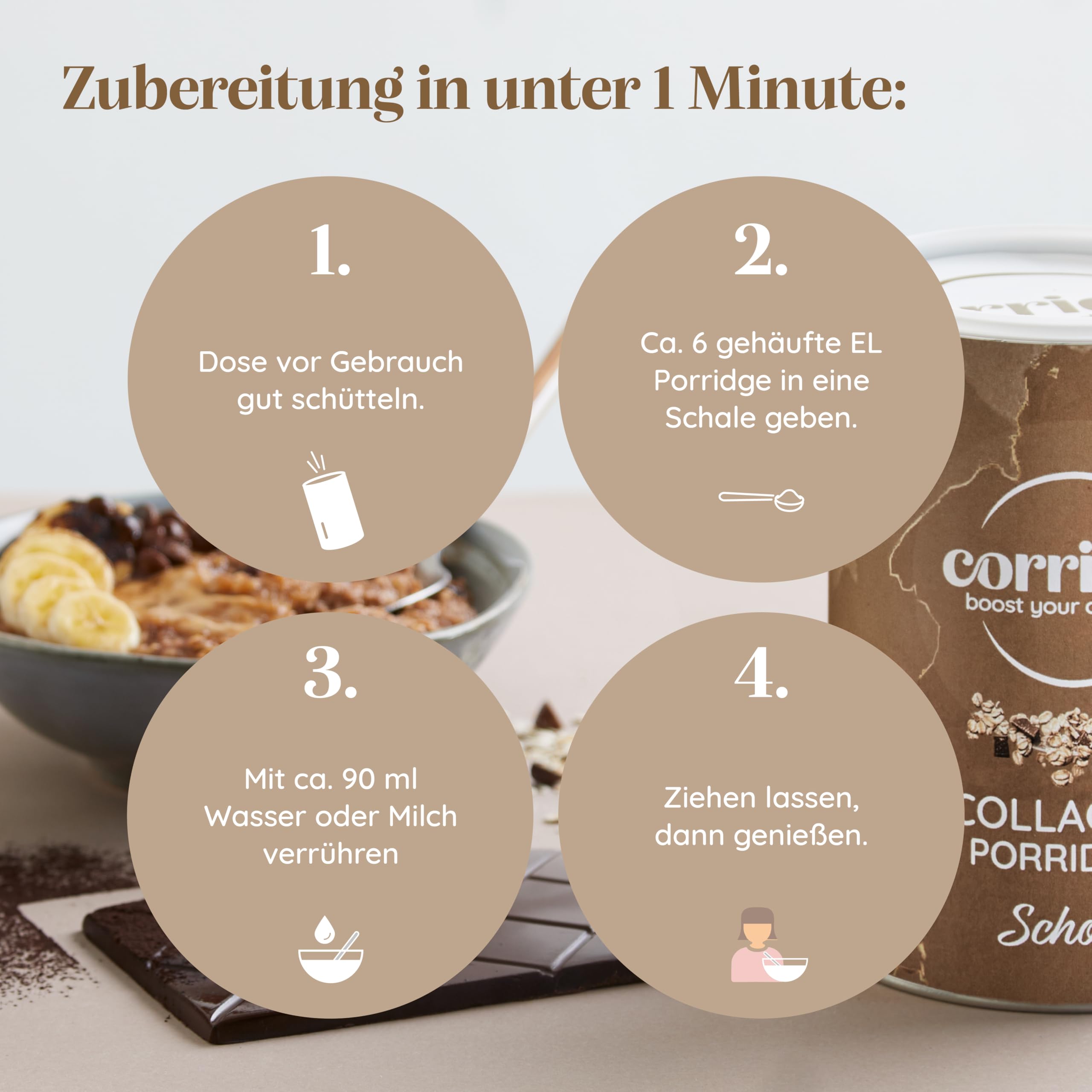 Corridge - 3x High Protein Porridge mit Kollagen & Schokogeschmack 420g - Proteinreiches Frühstück - Haferflocken Glutenfrei, Laktosefrei & ohne Zuckerzusatz - Collagen Typ 1 & 3 Haut, Haare, Nägel