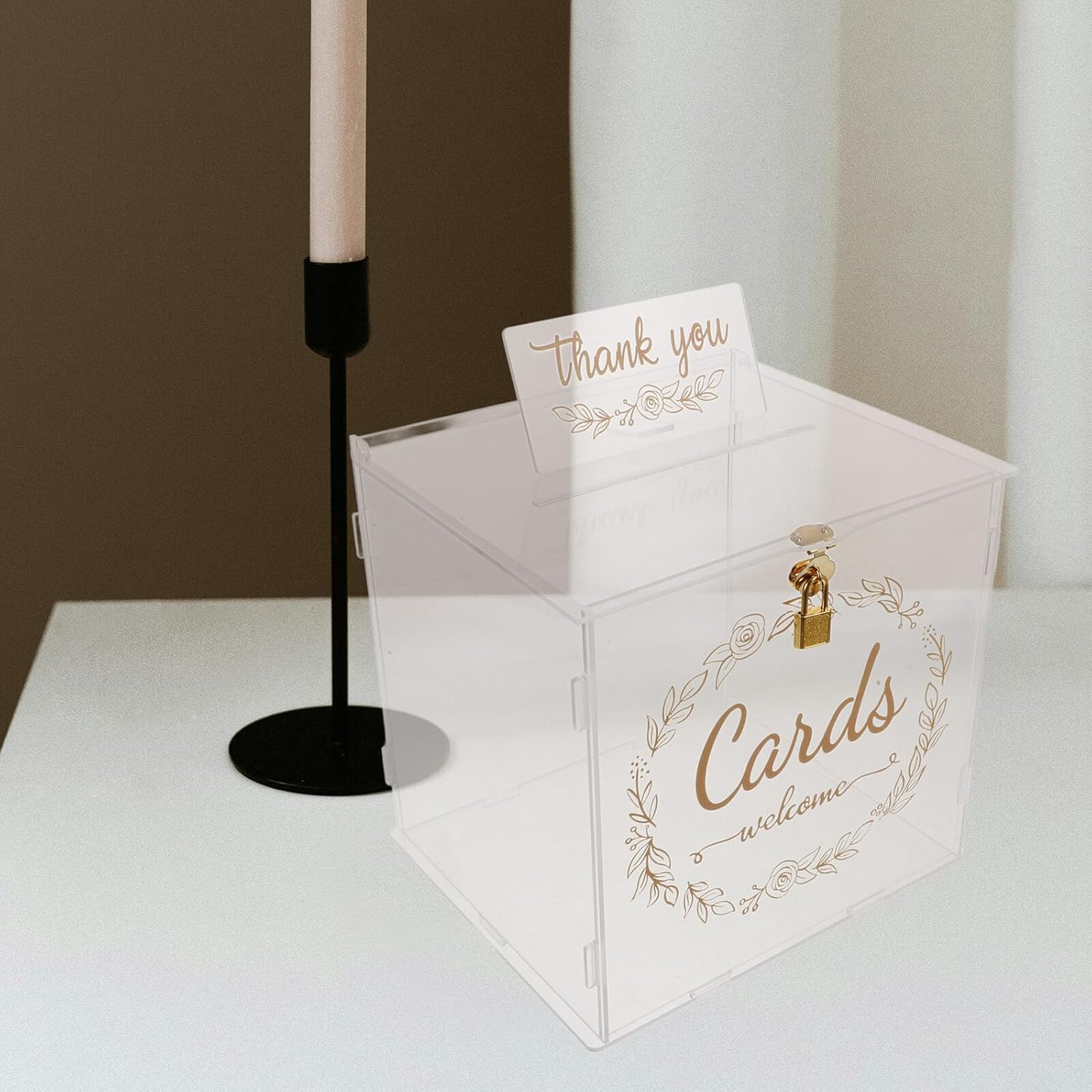 Mobestech Acrylic Wedding Card Box with Lock Envelope Holder Money Box for Wedding Reception Party Supplies Gold Pattern