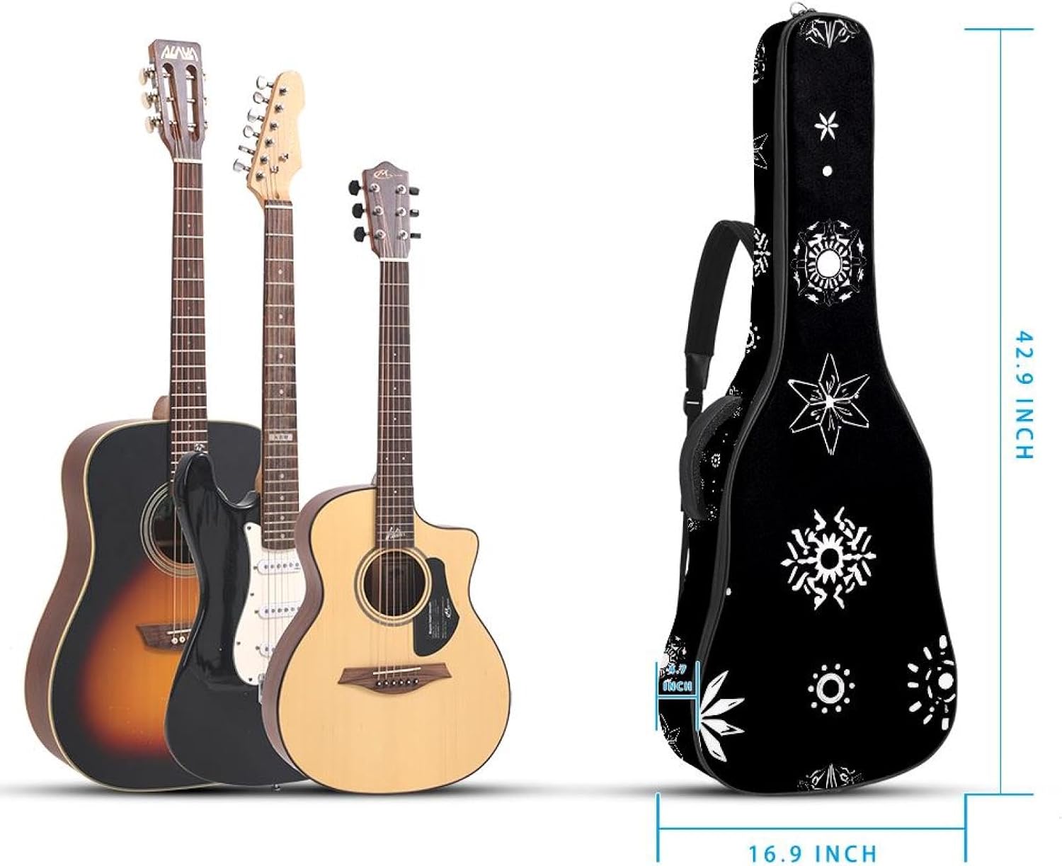 40 41 42 Inch Acoustic Guitar Bag, 0.4 In Thick Sponge Padded Guitar Case Gig Bag with Back Hanger Loop and 2 Pockets, White Different Figures on Black Background