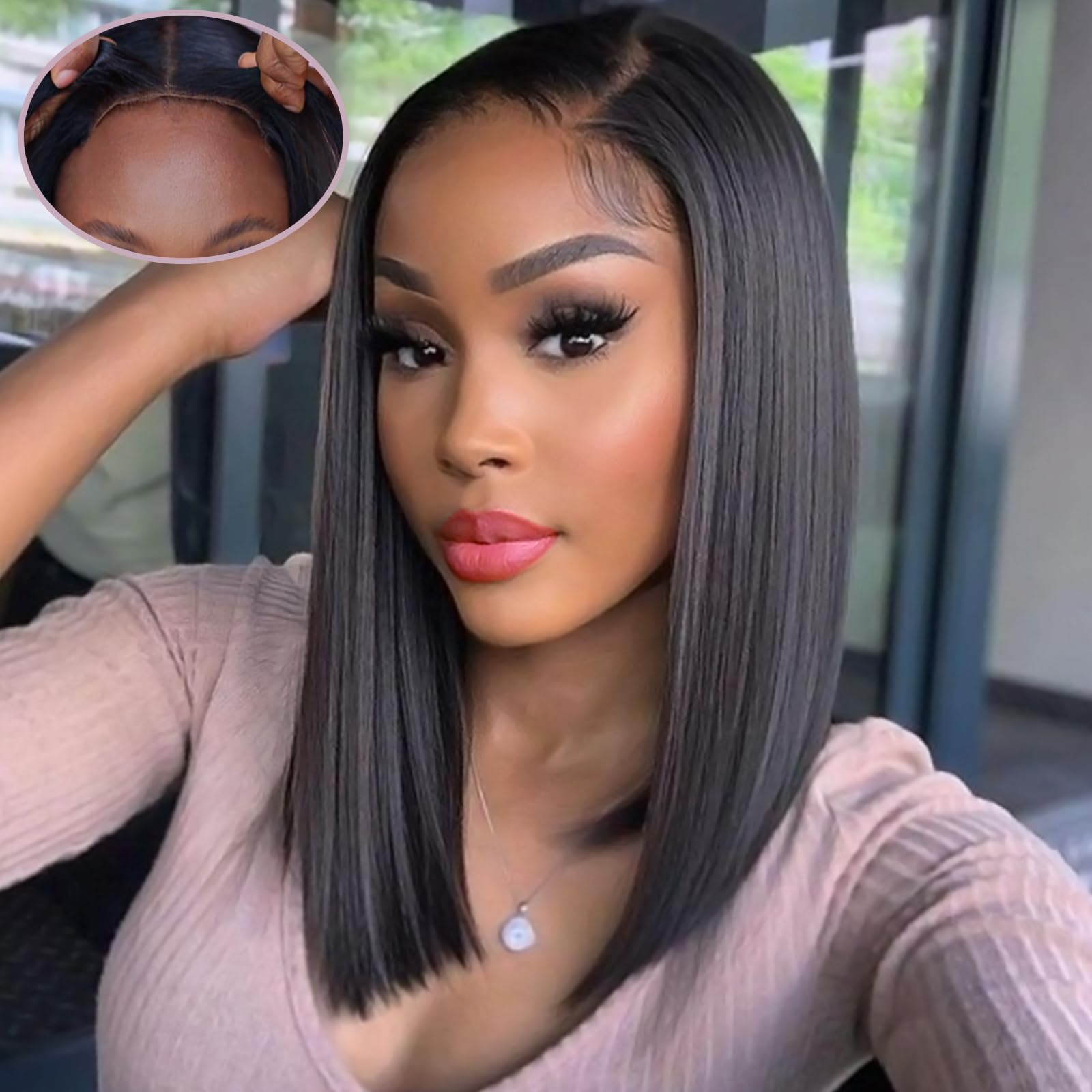 MEGALOOK Glueless Bob Wig Human Hair Pre Cut 13x4 Lace Front Wigs Plucked for Black Women 180 Percent Density No Glue Real Wear and Go 14 Inch