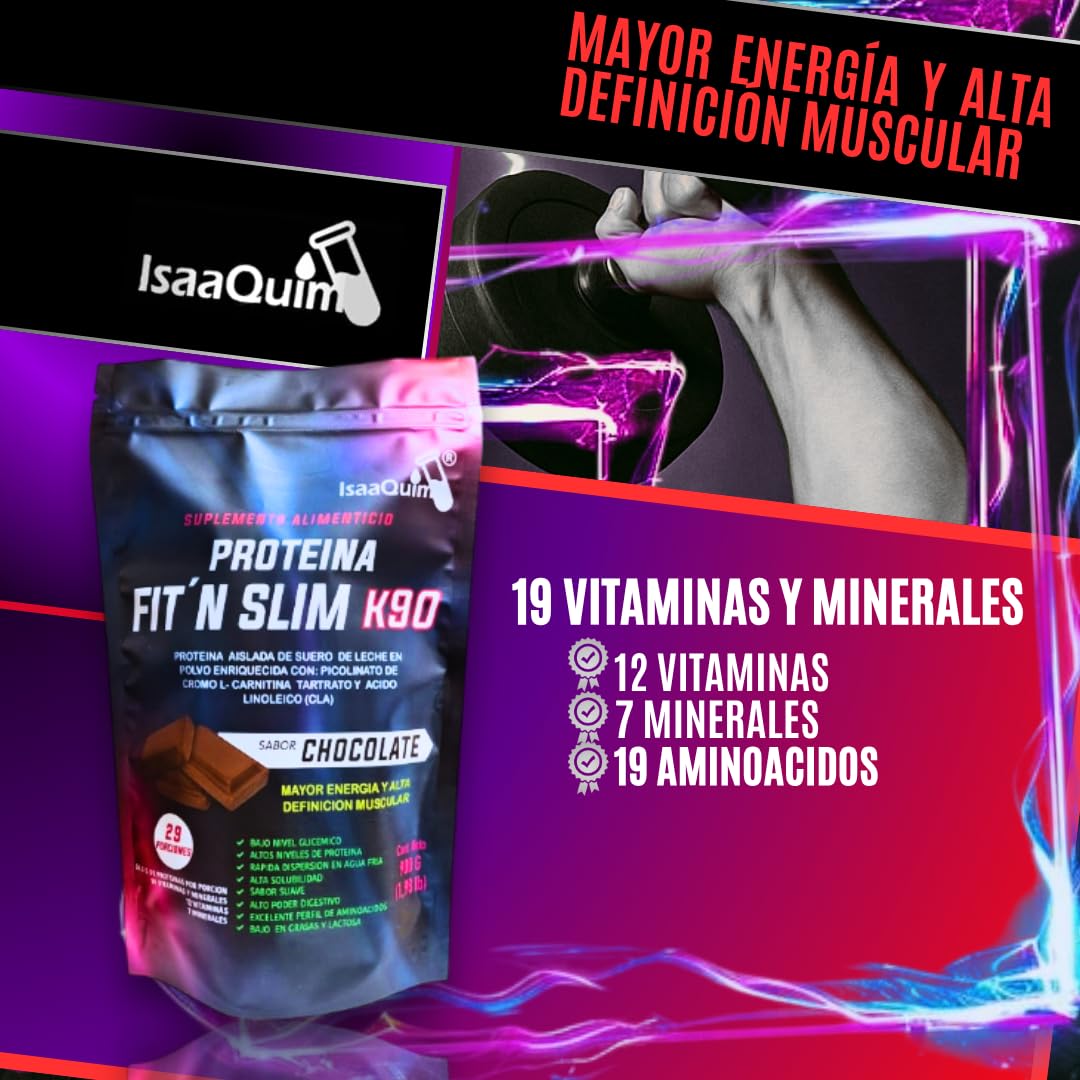 slim max con l-carnitina Proteína FIT'N SLIM K90 IsaaQuim | Con L-Carnitina, CLA y Cromo |  Suplemento Alimenticio en Polvo | Sabor Chocolate | 900 g