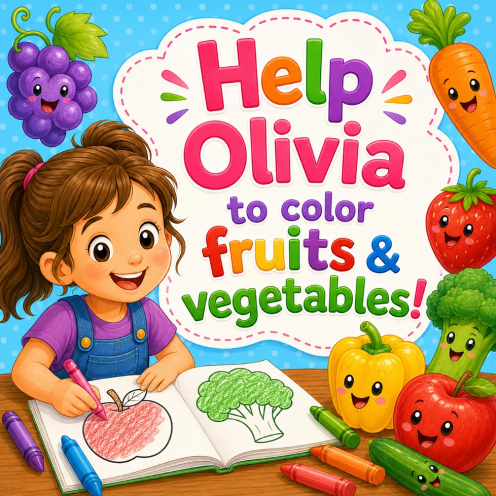 Help Olivia to color fruits & vegetables: Cute Coloring Book